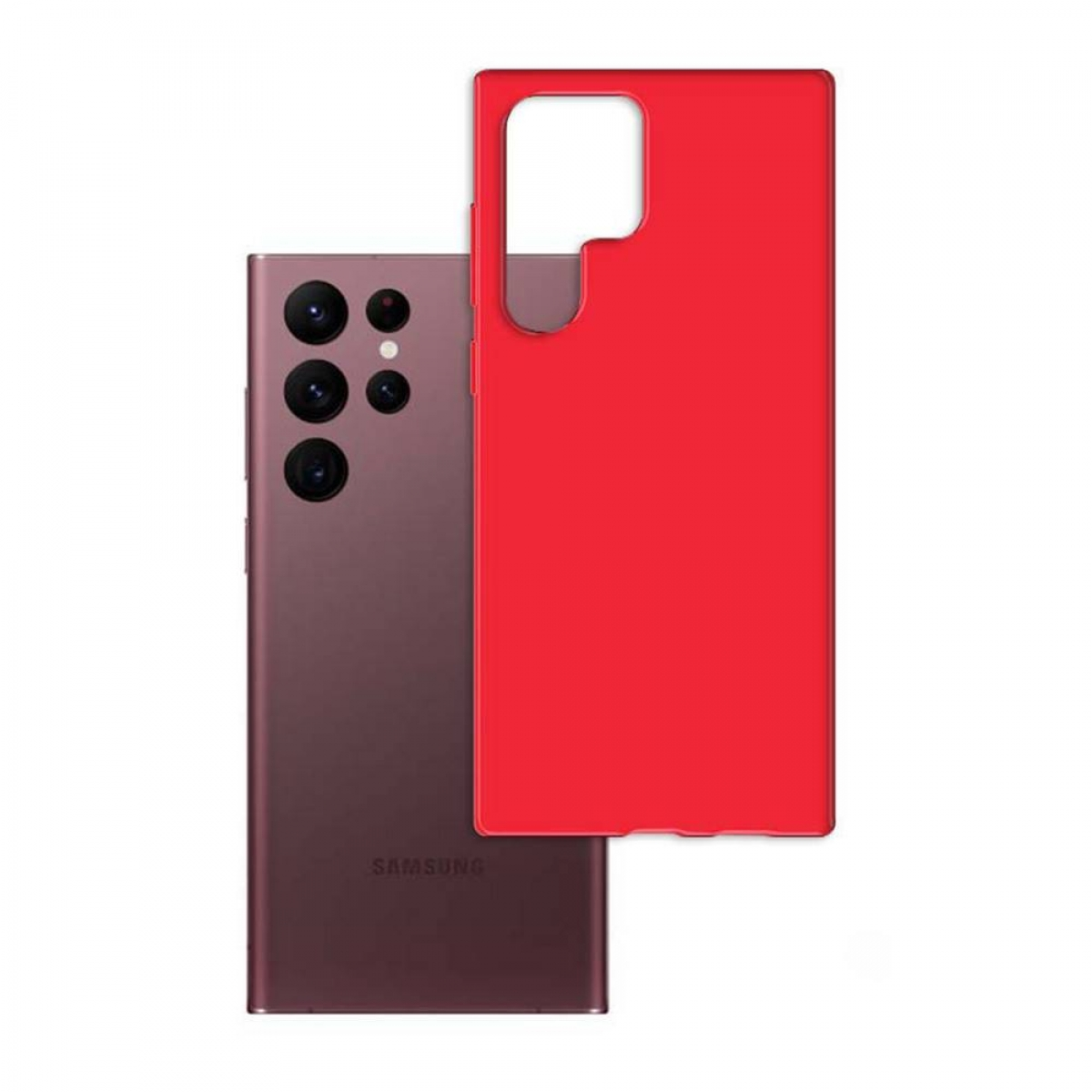 Custodia rossa per telefono con configurazione fotocamera.