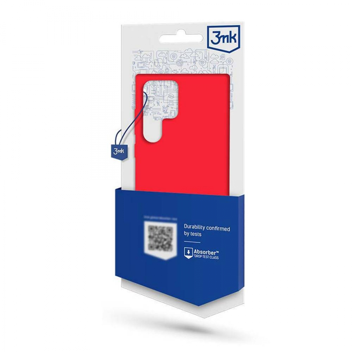 Custodia per telefono in una confezione. Custodia rossa mostrata. La confezione ha un codice QR e un logo.