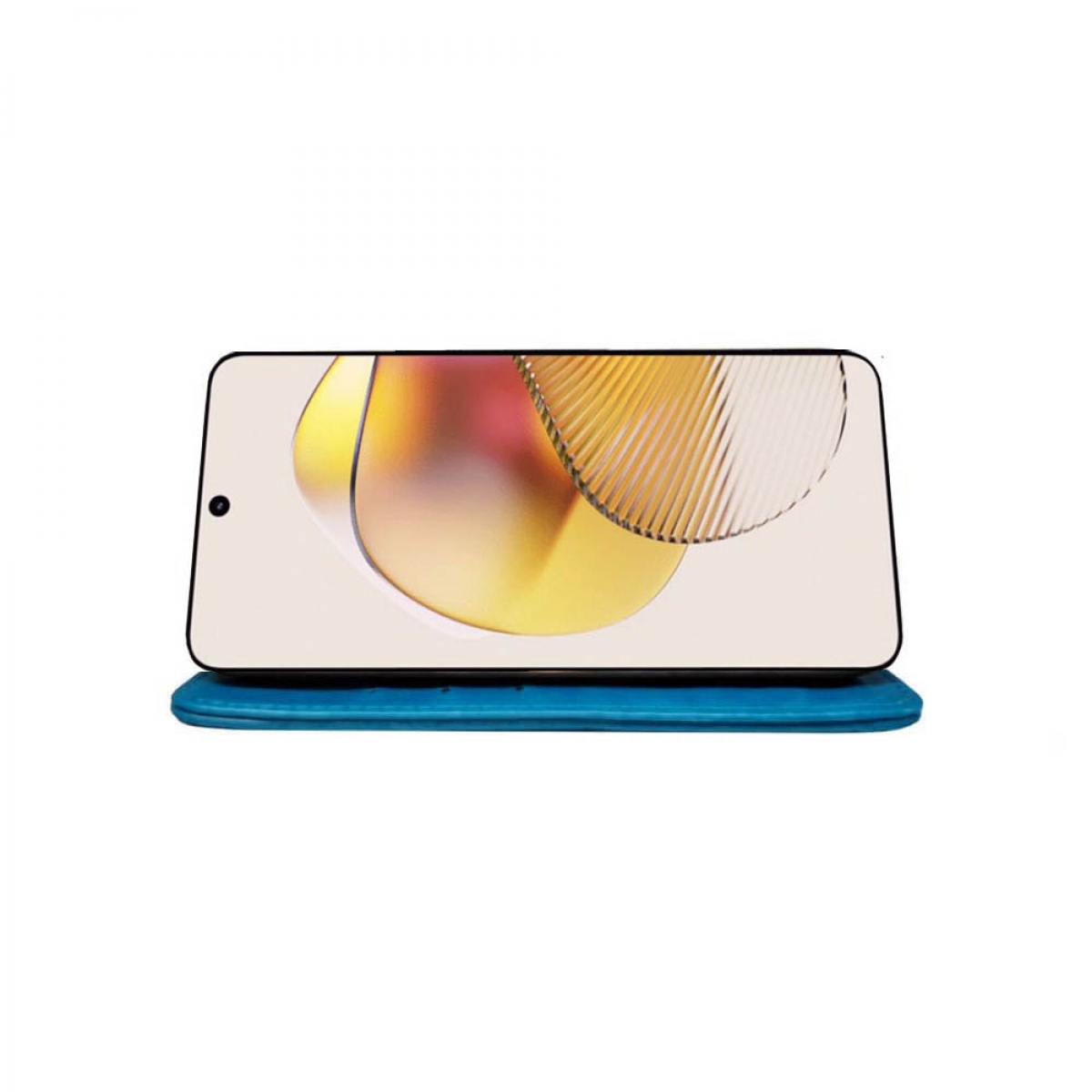 Ein Smartphone auf einem blauen Ständer mit goldenem, abstraktem Hintergrund auf weißem Hintergrund.