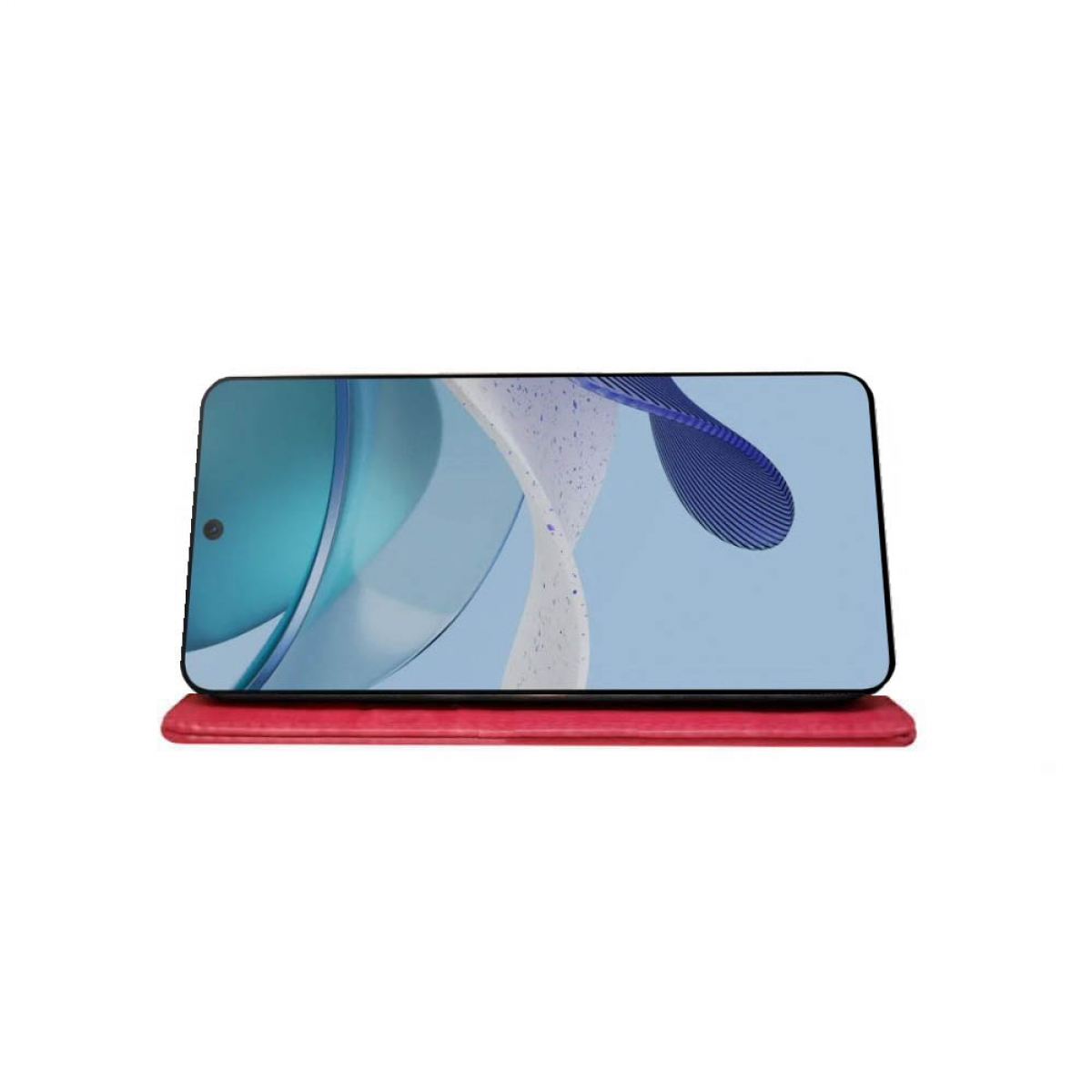 Ein Smartphone auf rotem Ständer, zeigt blau-weißes abstraktes Design auf dem Bildschirm.