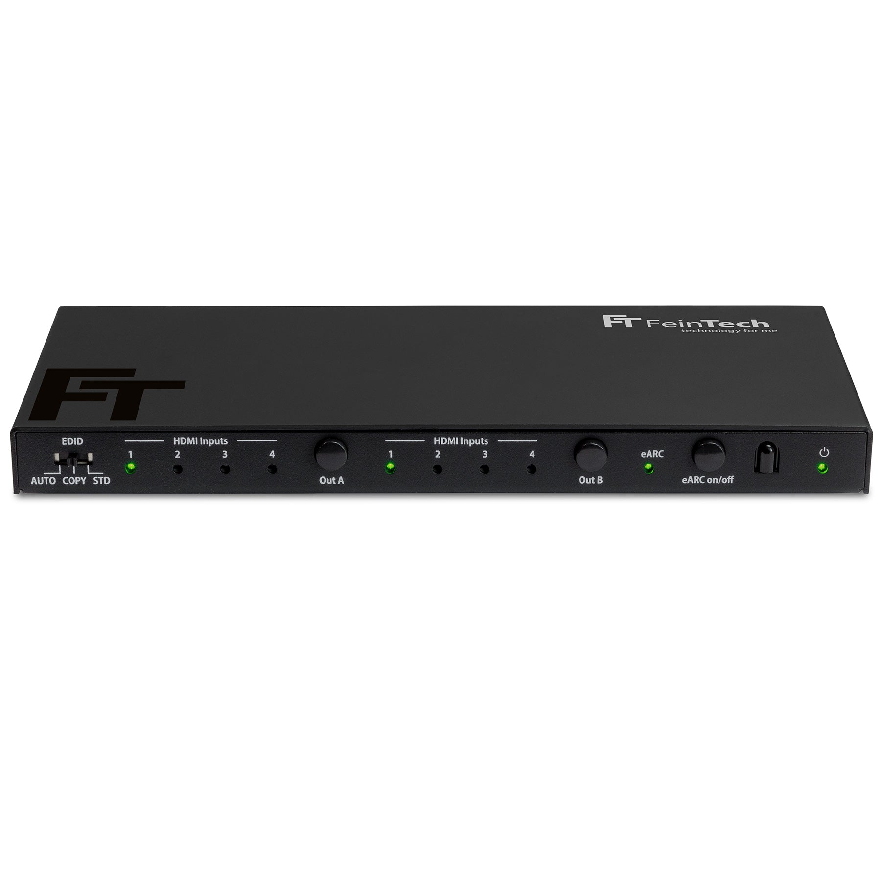 Schwarzer HDMI-Switch mit Ein- und Ausgängen. Inklusive Ein-/Ausschalter und LED-Anzeigen.