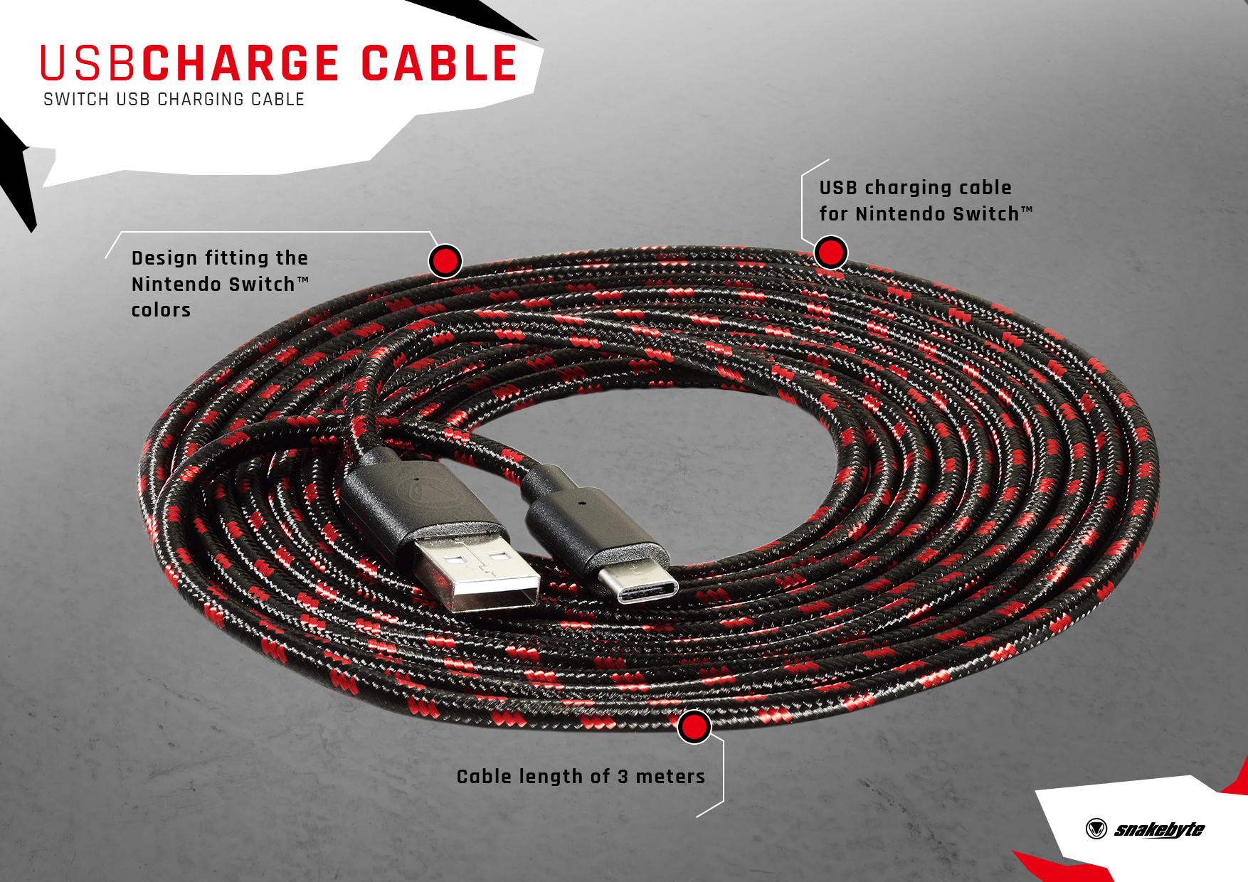 Aufgerolltes USB-Ladekabel für Nintendo Switch in Schwarz und Rot, mit Anschlüssen und Etiketten.
