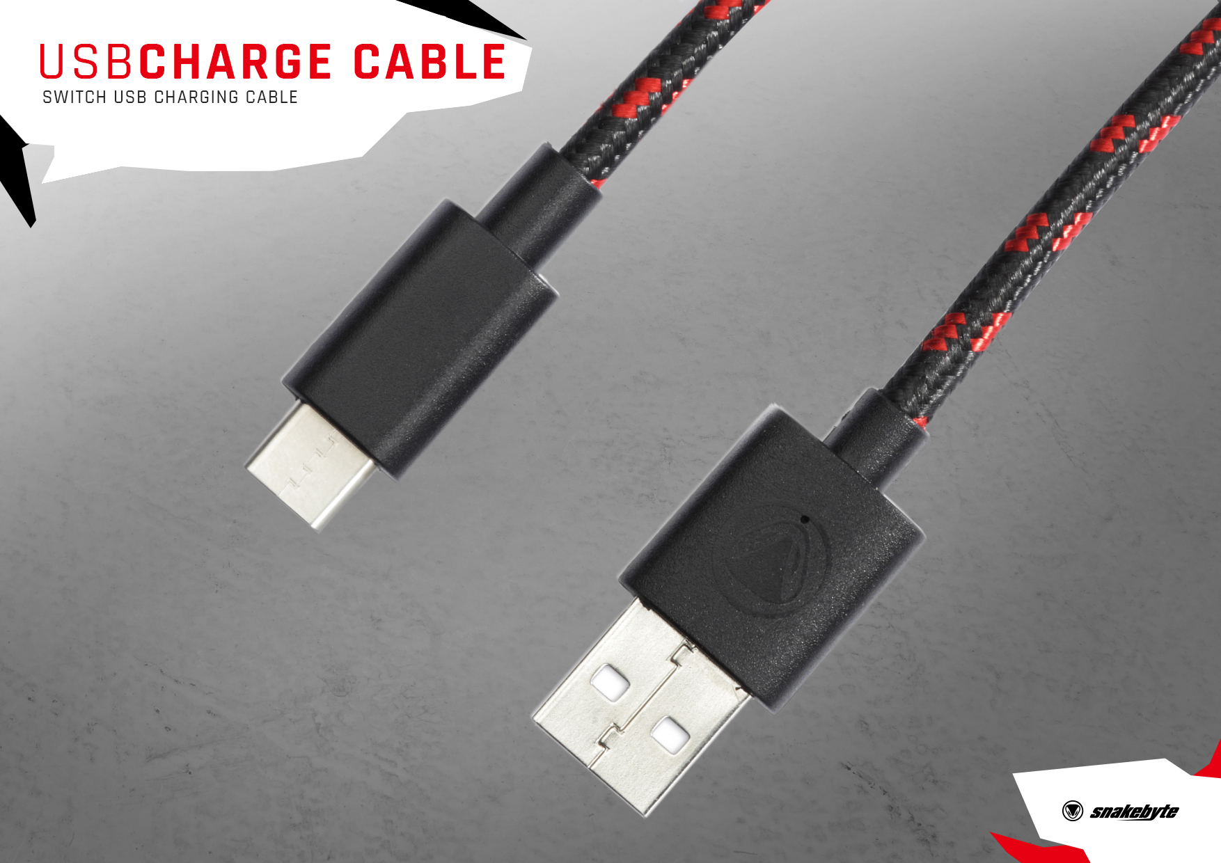 USB-Ladekabel mit rot-schwarzem geflochtenem Design, USB-C- und USB-A-Anschlüssen.