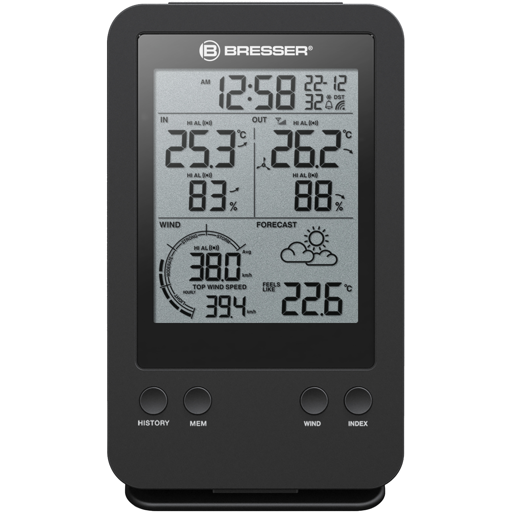 Schwarze digitale Wetterstation mit Uhrzeit, Temperatur, Windgeschwindigkeit und Wettervorhersage.