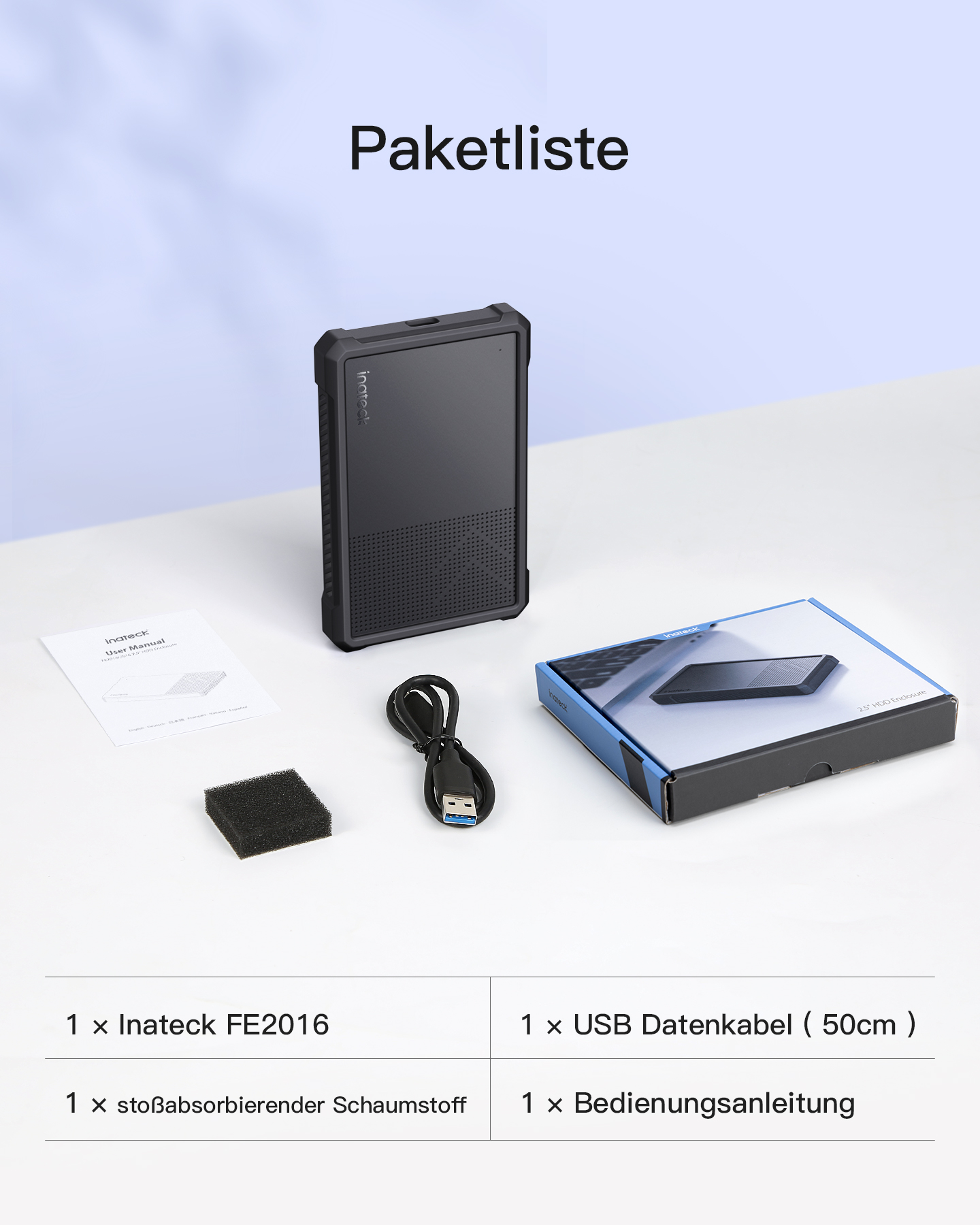 Festplattengehäuse, mit und zu HDDs, Silikon-Hülle UASP Festplattengehäuse 2,5 INATECK 3.2 SSDs black für USB mit bis 6Gbps,