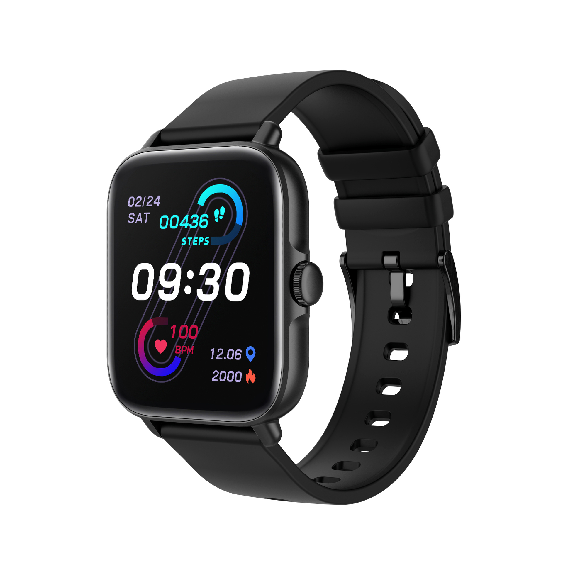 Reloj inteligente negro con correa negra, mostrando hora y métricas de salud.