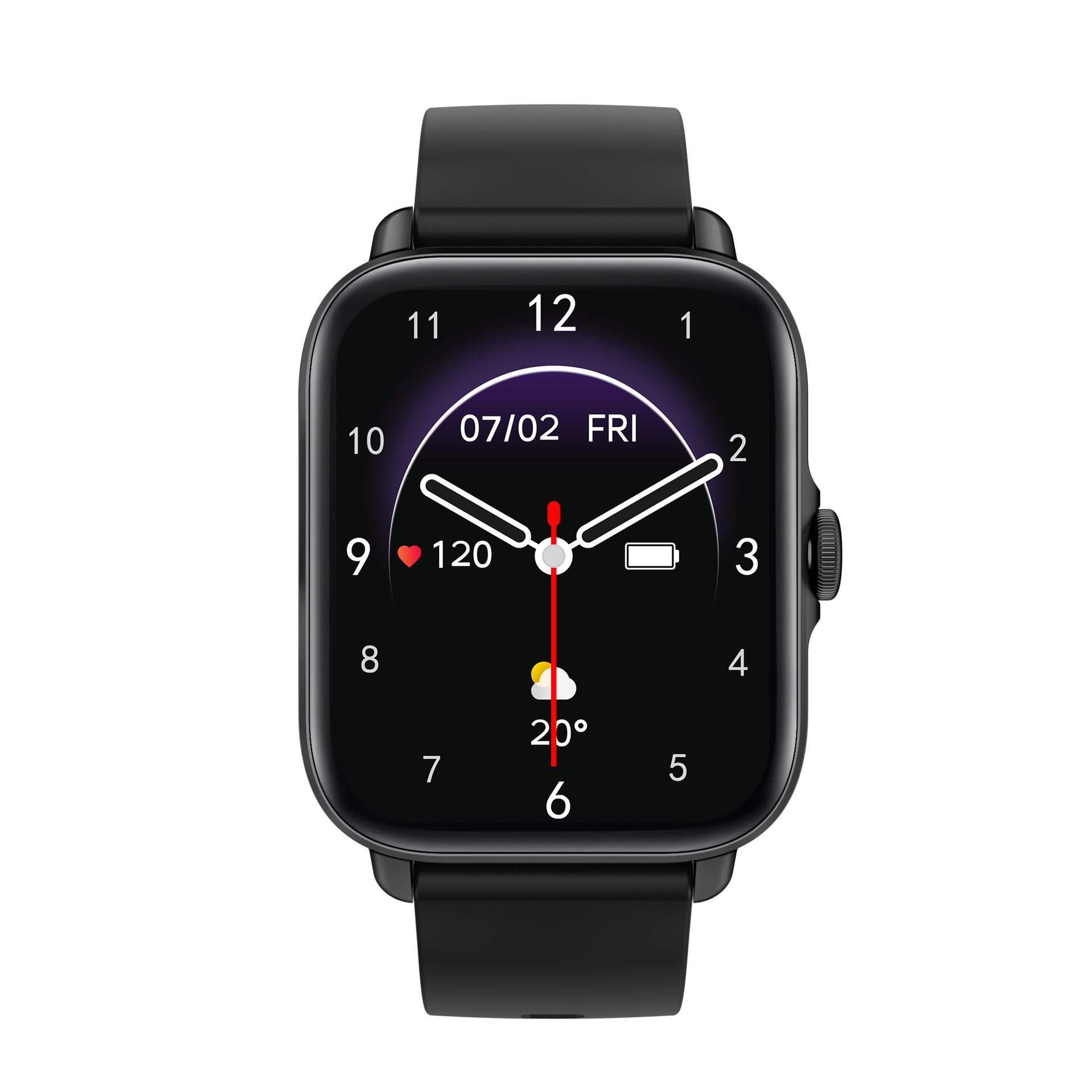 Smartwatch negra con pantalla cuadrada. Muestra hora, fecha, nivel de batería y temperatura.