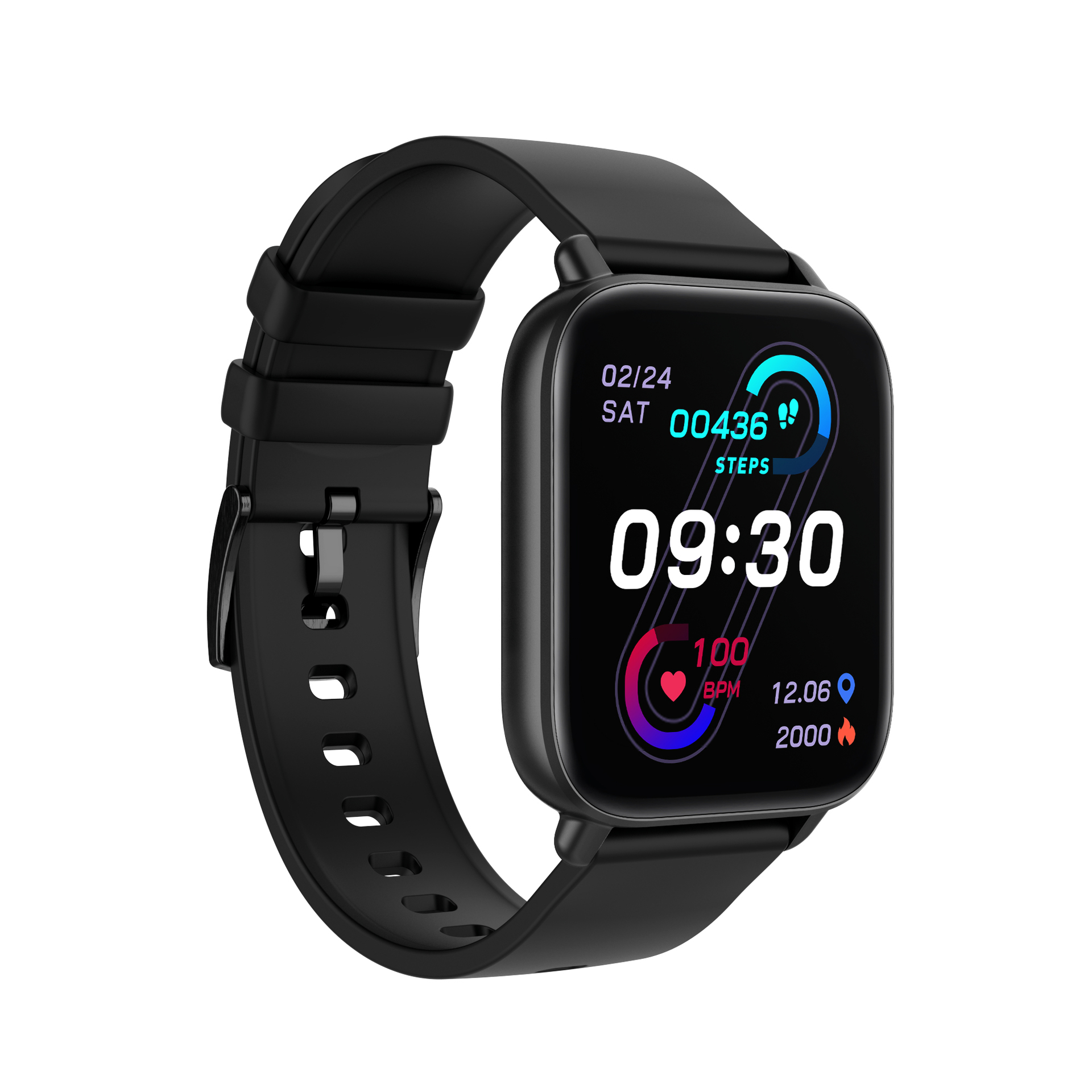 Reloj inteligente negro con hora, pasos y frecuencia cardíaca en la pantalla.