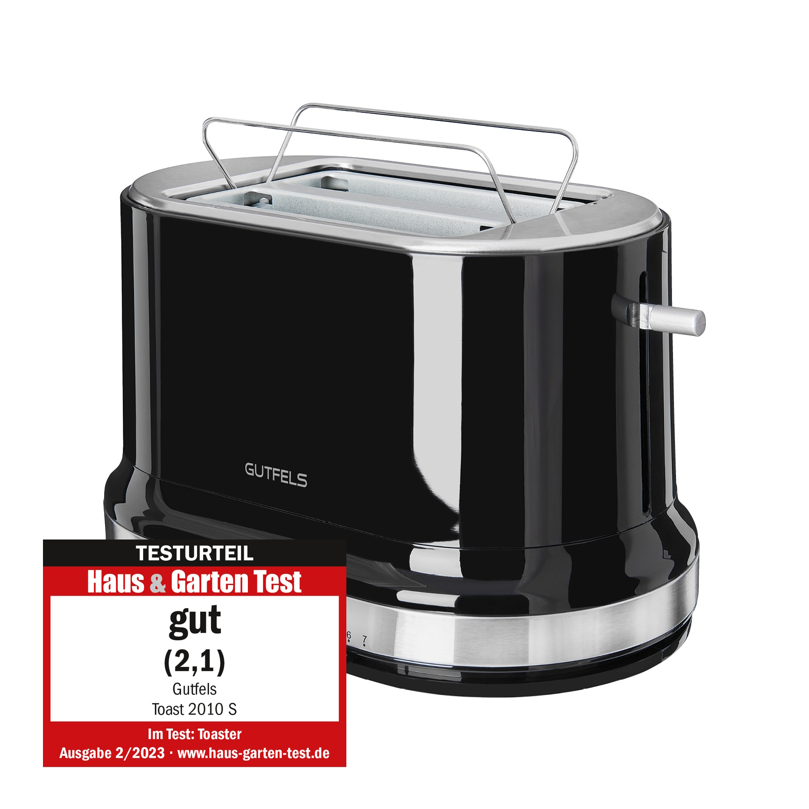 Schwarzer und silberner Toaster mit einem Bewertungsaufkleber auf der linken Seite.