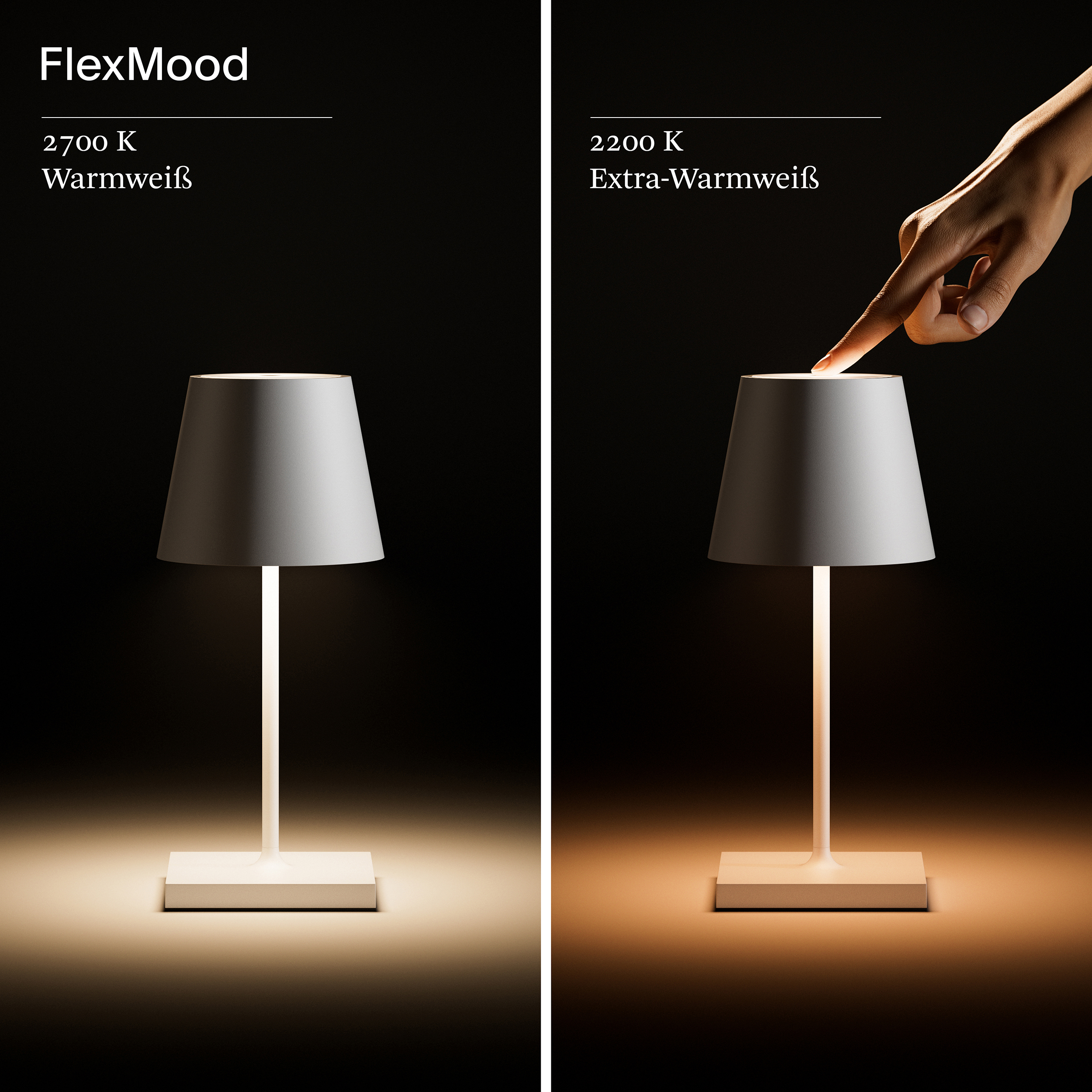 Zwei Lampen, eine mit warmweißem Licht und eine mit extra-warmweißem Licht, auf dunklem Hintergrund.
