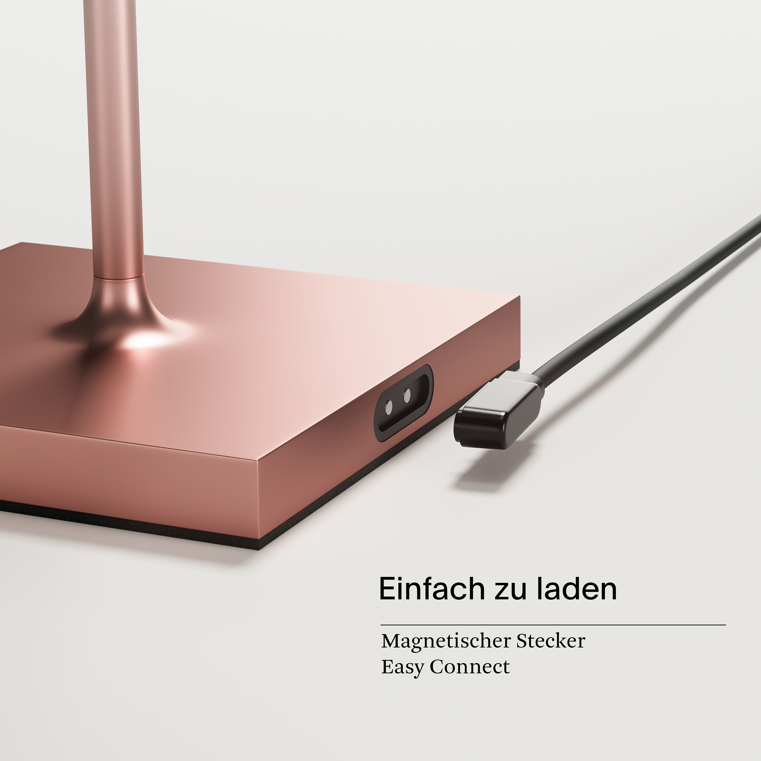 Roségold-Lampenfuß mit schwarzem Kabel und Ladeanschluss. Der Text lautet „Easy Connect“.