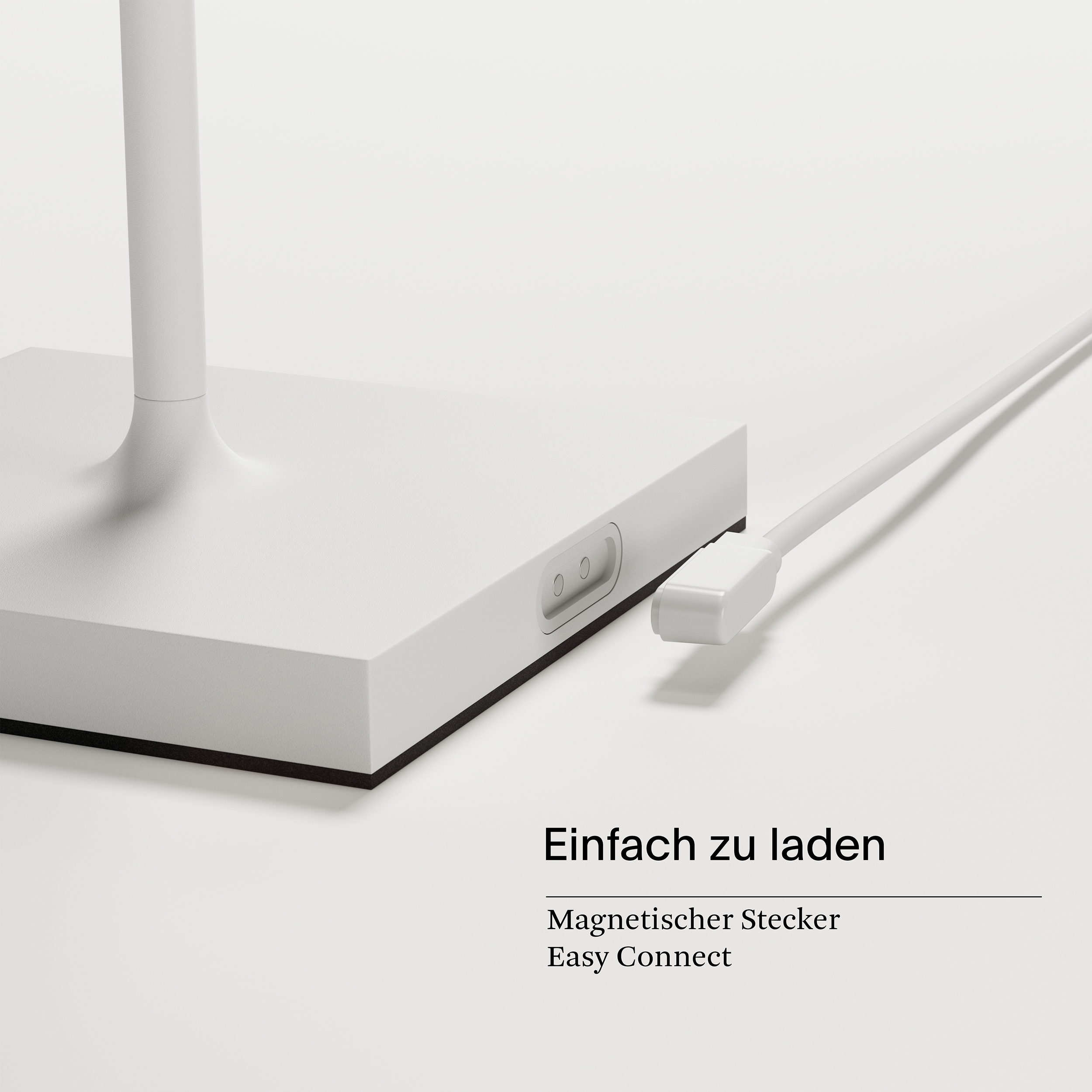 Weiße Ladestation mit weißem Kabel. Easy Connect Text. Weißer Hintergrund.