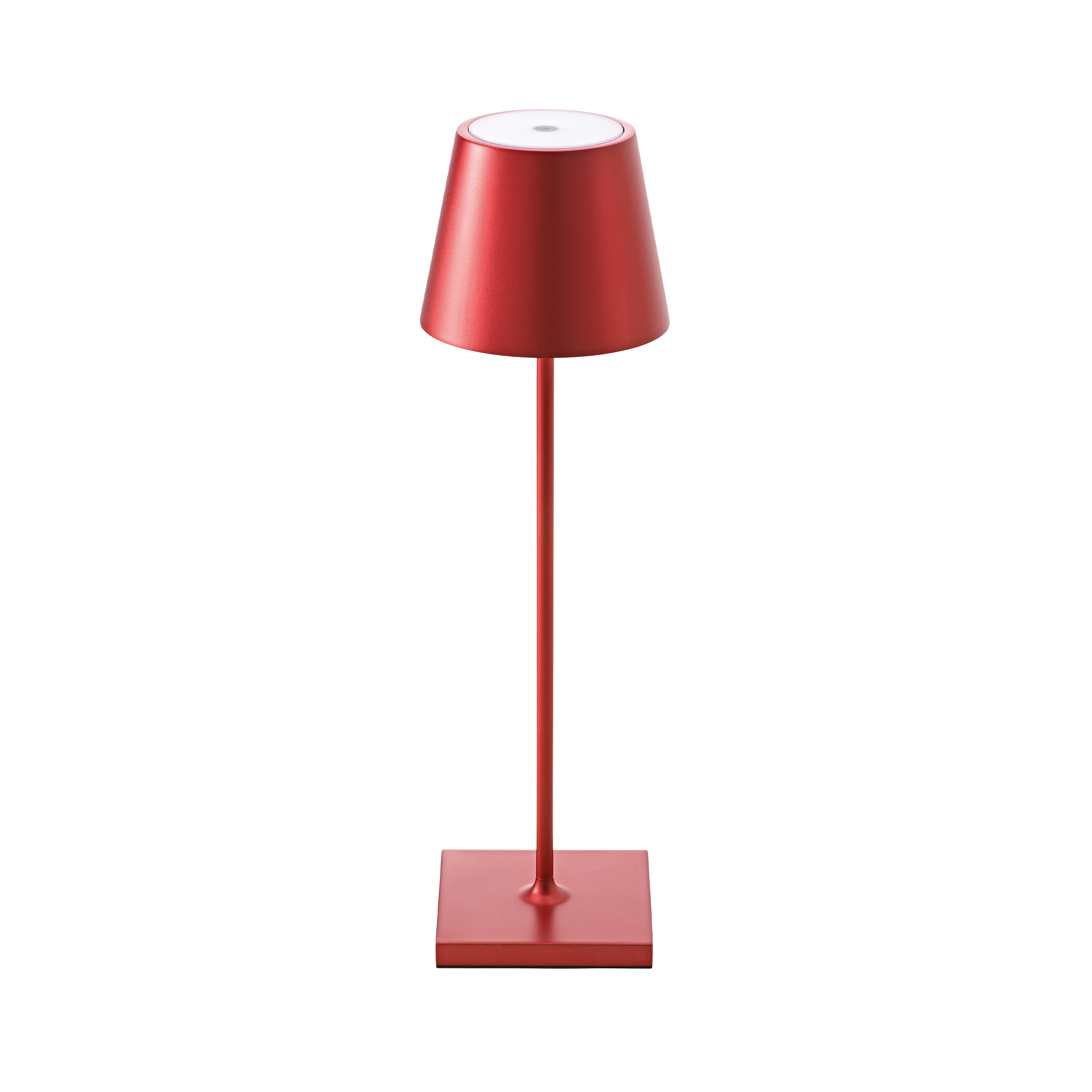 Rote Tischlampe auf quadratischem Sockel. Die Lampe hat einen konischen Schirm.