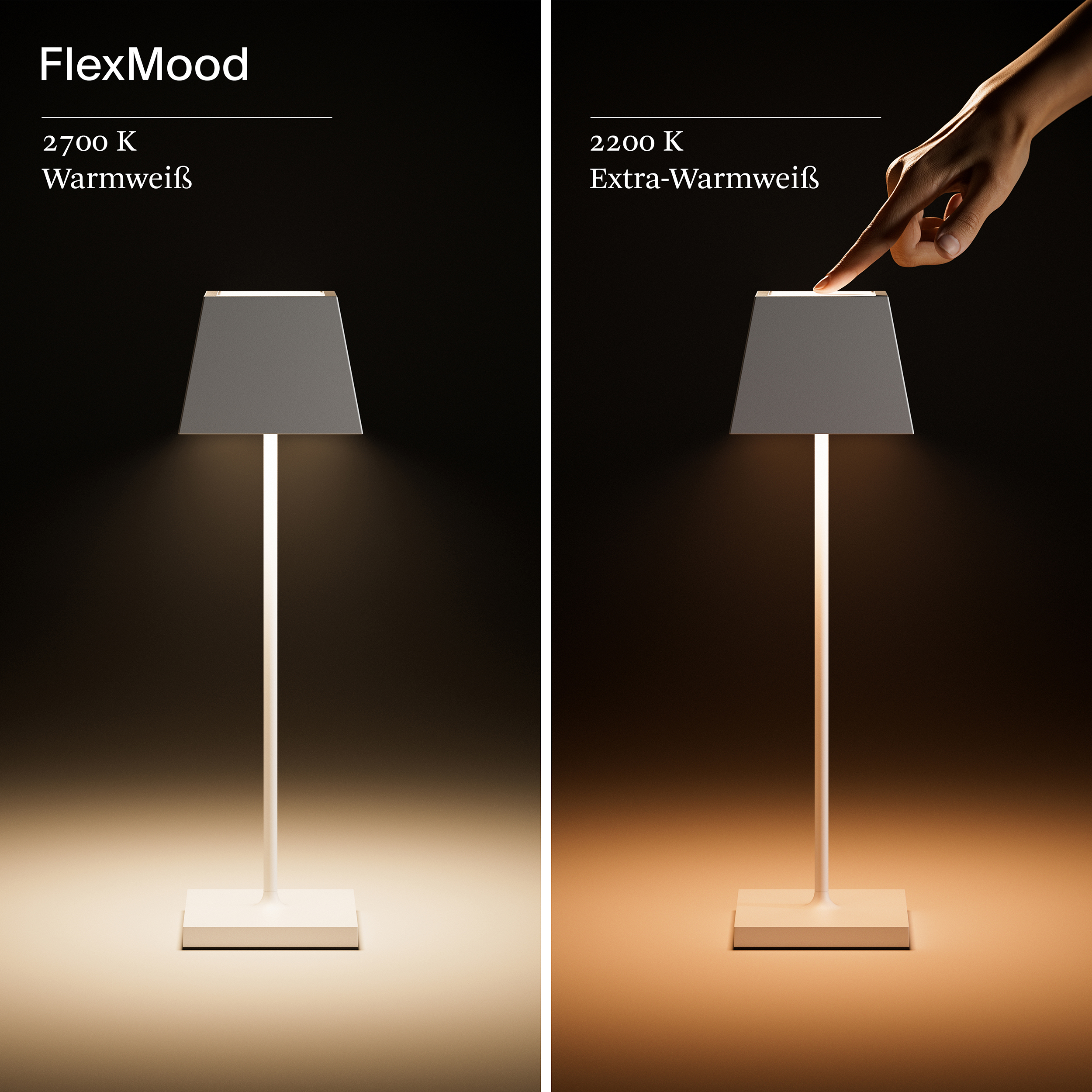 Zwei weiße Lampen, eine mit warmweißem Licht und die andere mit extra warmweißem Licht.