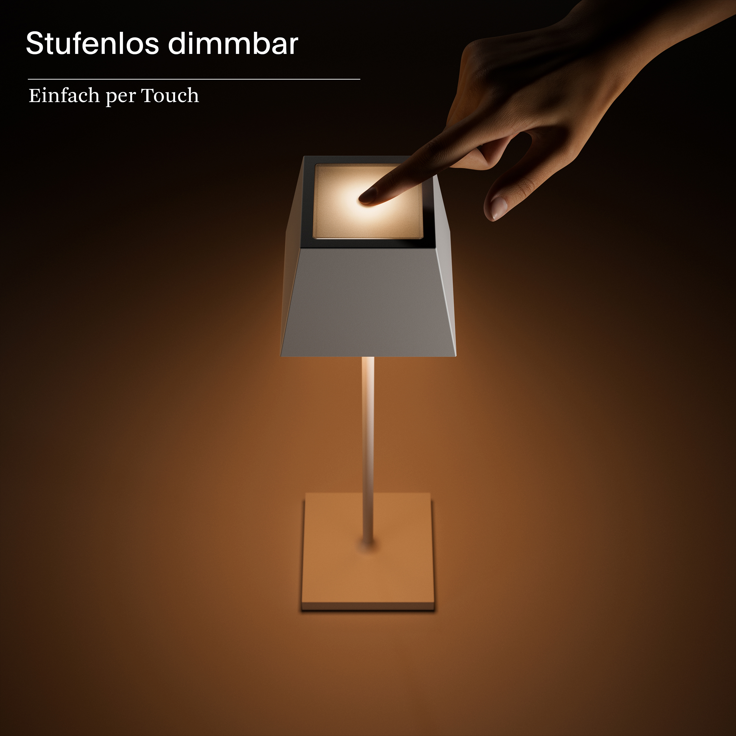 Ein Finger berührt eine weiße Lampe. Wörter sagen 'Steflos dimmbar' und 'Einfach per Touch'.