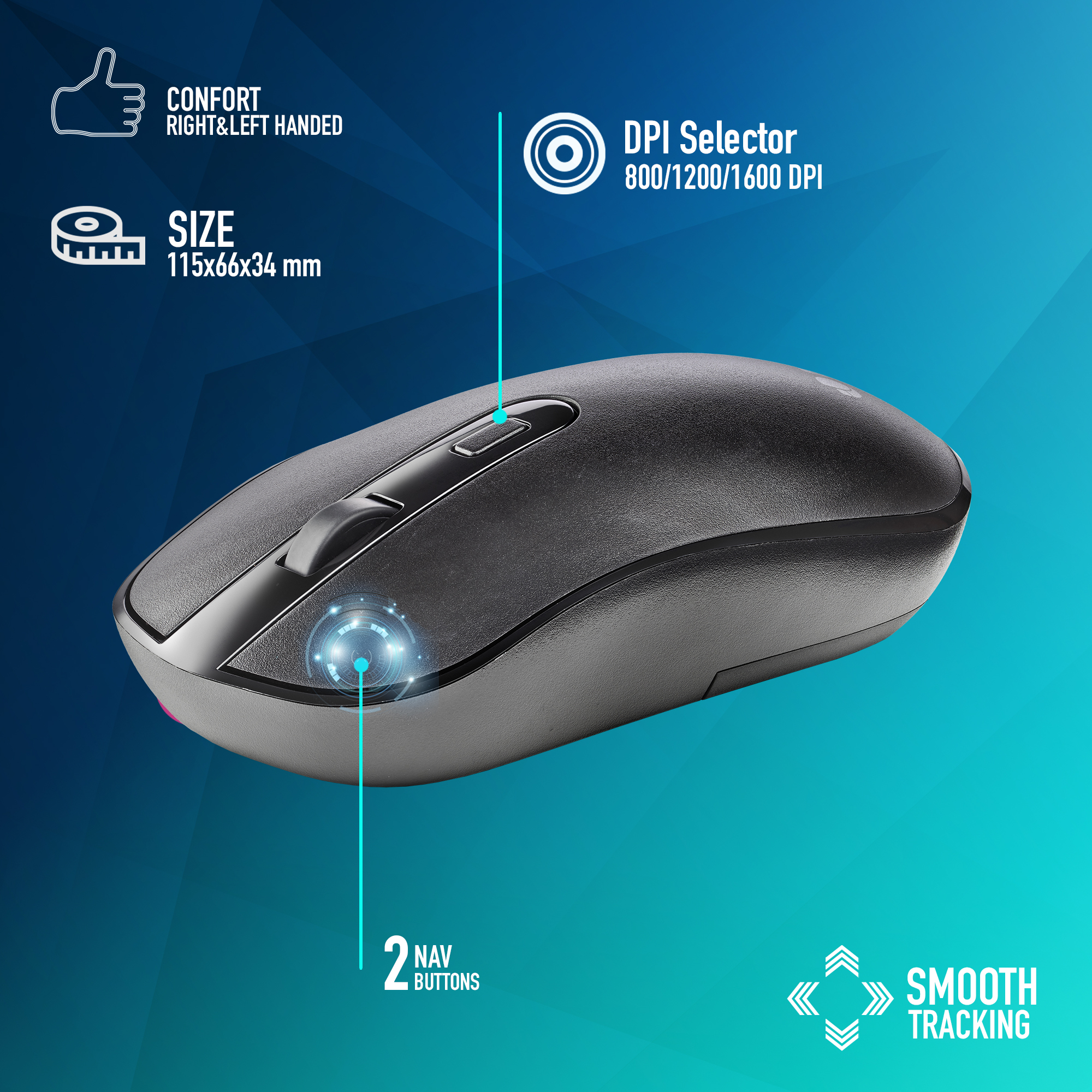 Czarna mysz komputerowa z etykietami tekstowymi dla przycisków i selektorem DPI. Płynne śledzenie.