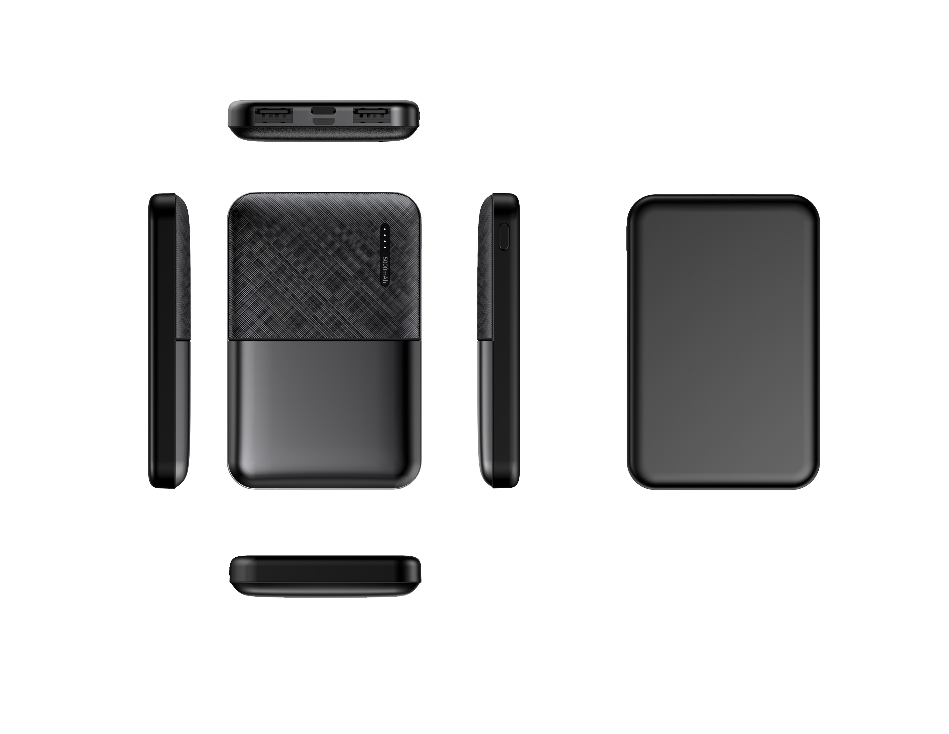 Diverse viste di un power bank nero e grigio.