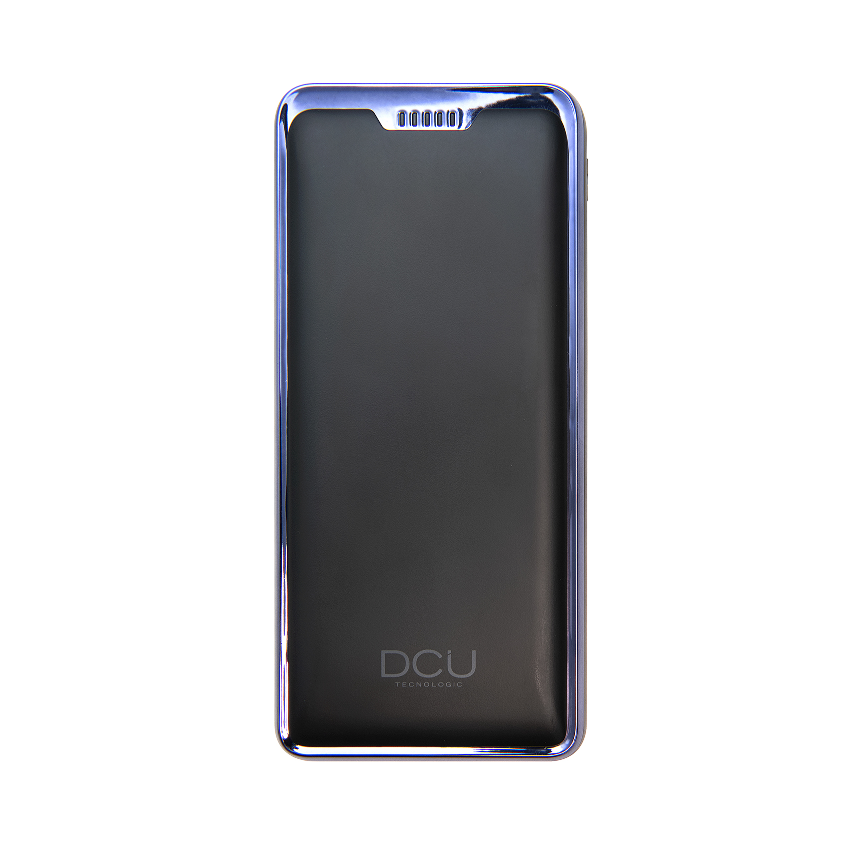 Schwarzes Smartphone, Rückansicht, mit blauem Rahmen und DCU-Logo.