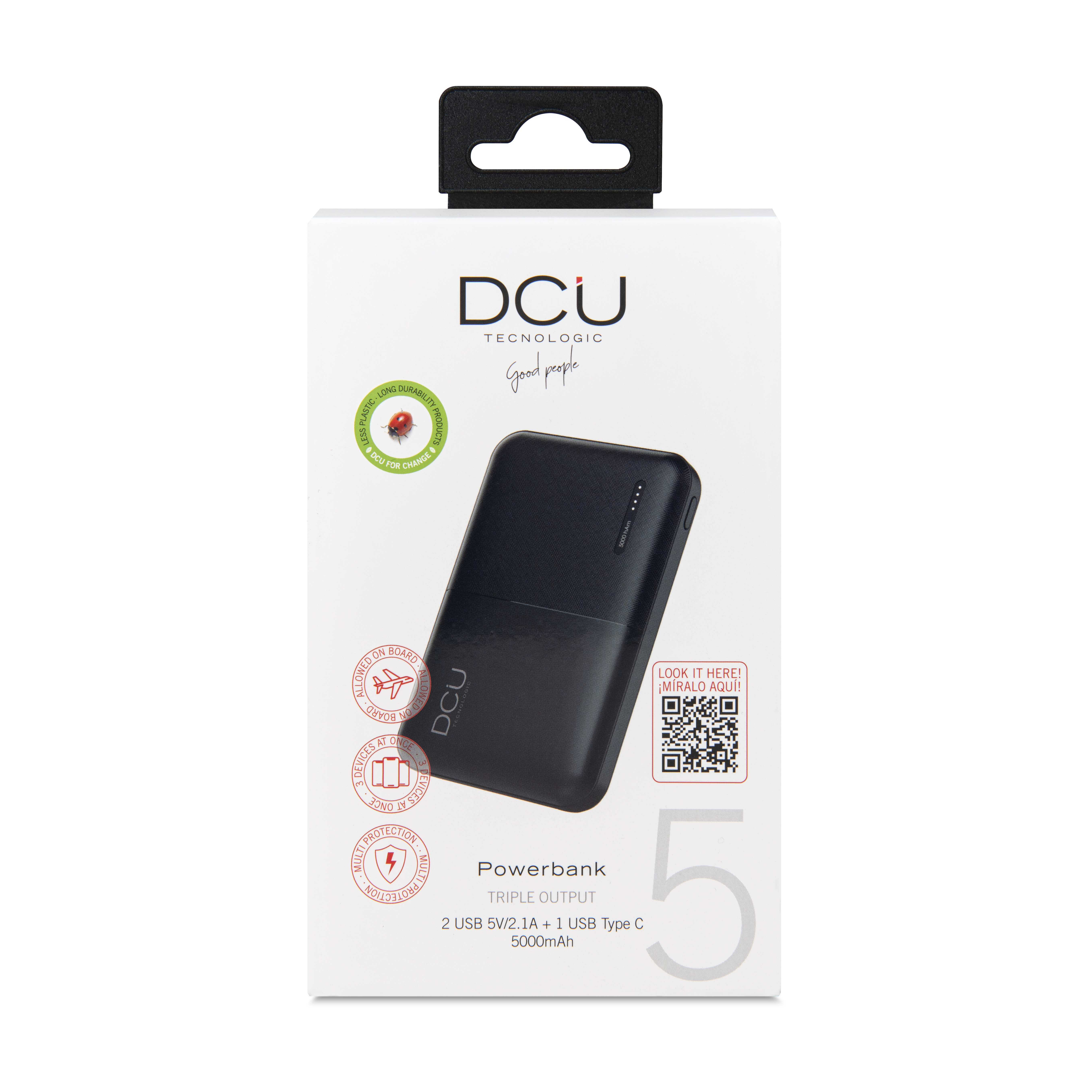Un powerbank DCU nero in una scatola bianca con testo e un codice QR, su sfondo bianco.