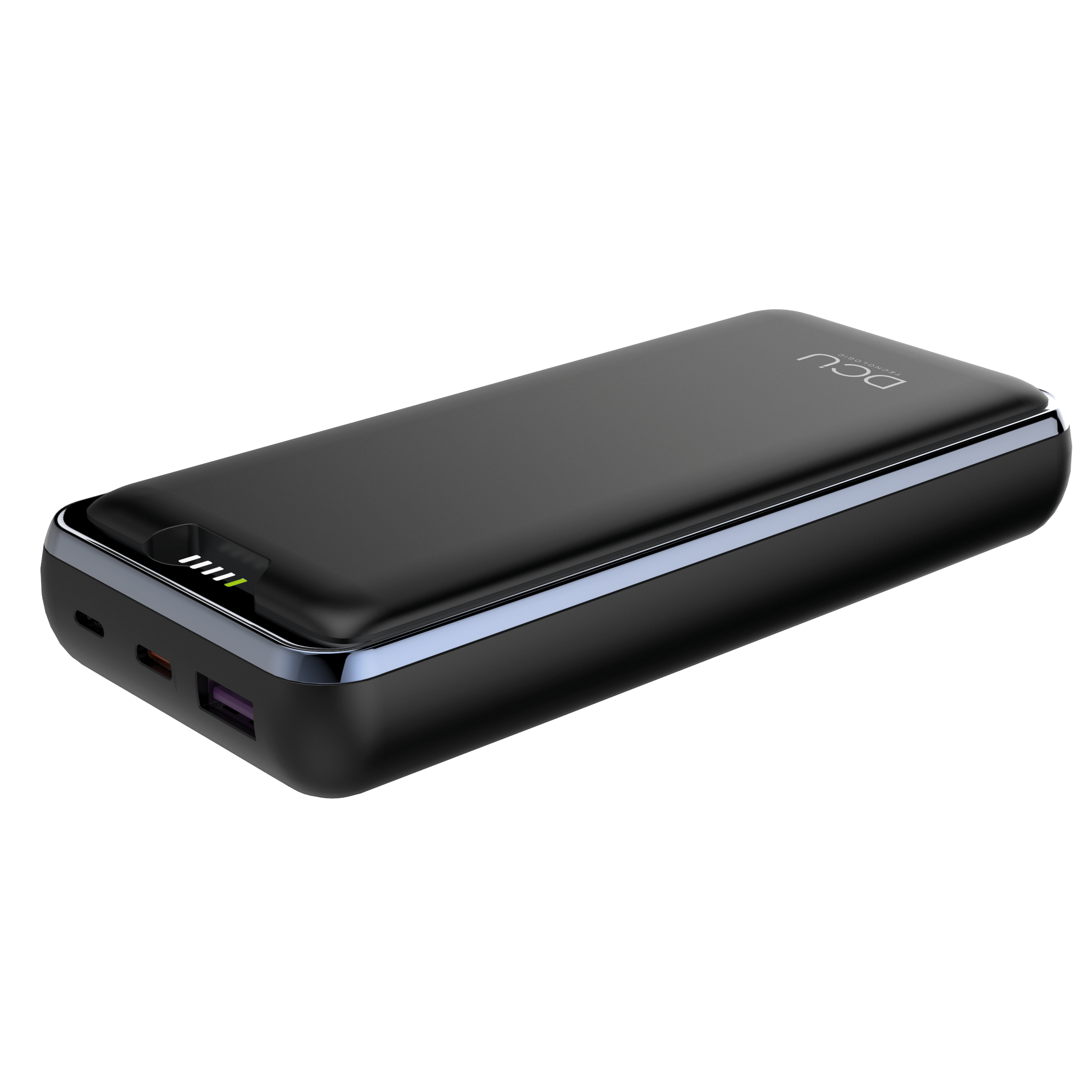 Schwarze Powerbank mit DCU-Logo und Ladeanzeigen. Anschlüsse links und rechts.