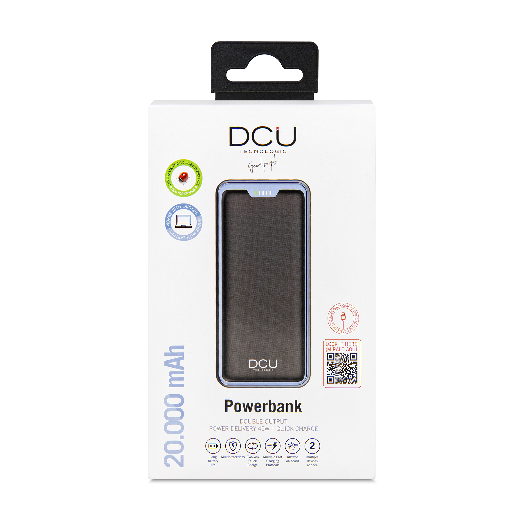 Eine Powerbank in einer Verpackung, die eine schwarze Powerbank und Informationen über ihre Funktionen zeigt.