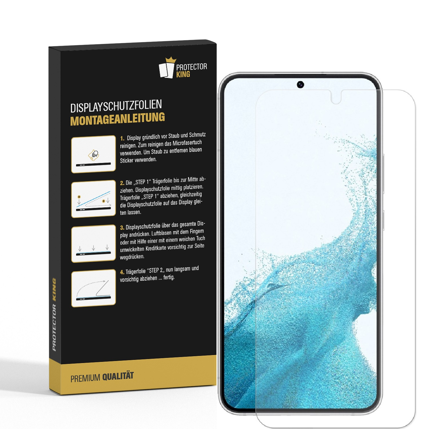 Ein Smartphone mit Displayschutzfolie. Anweisungen sind auf der Box neben dem Telefon abgebildet.