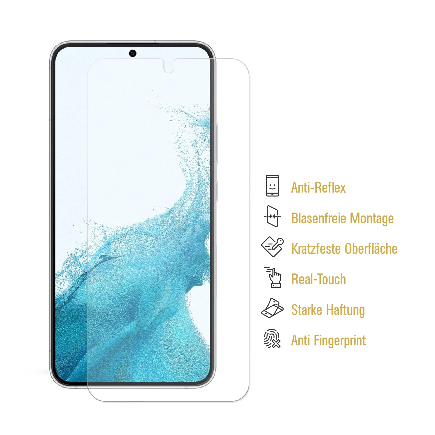 Smartphone-Displayschutz mit wichtigsten Merkmalen, die auf Deutsch neben dem Telefon beschriftet sind.