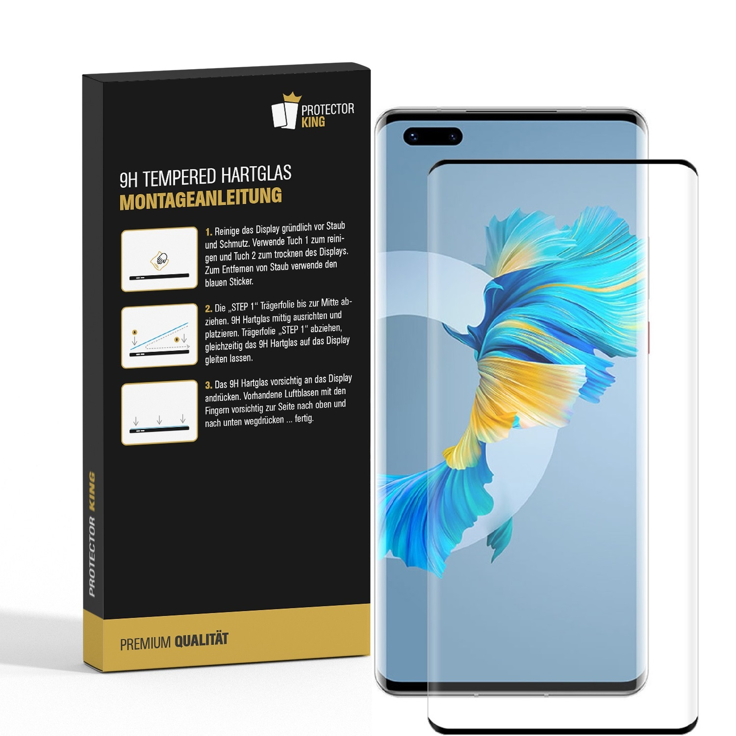 Telefon und Displayschutzfolie in einer Box mit Anweisungen.