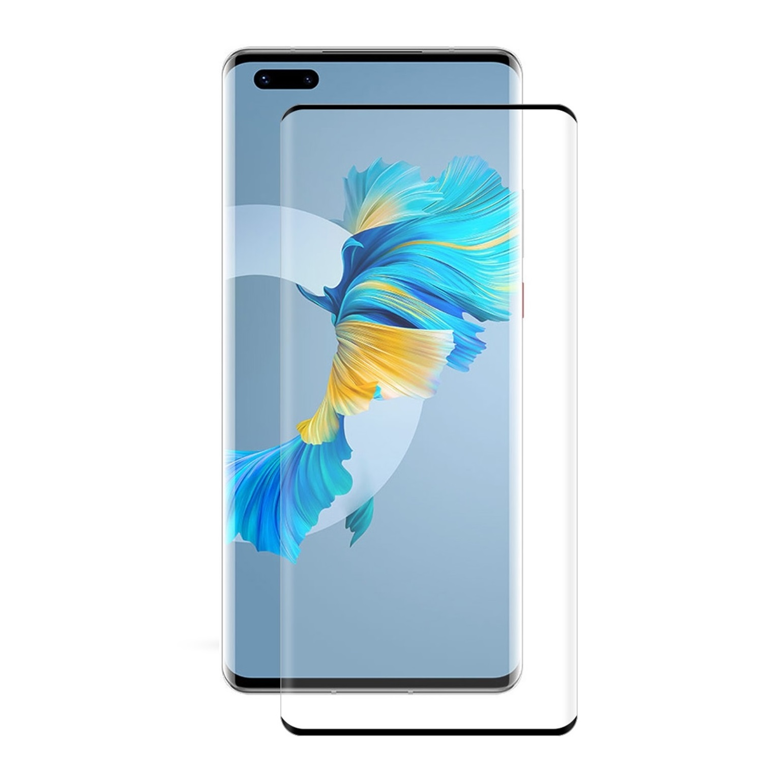 Telefon mit Displayschutzfolie, zeigt einen blau-gelben abstrakten Hintergrund.