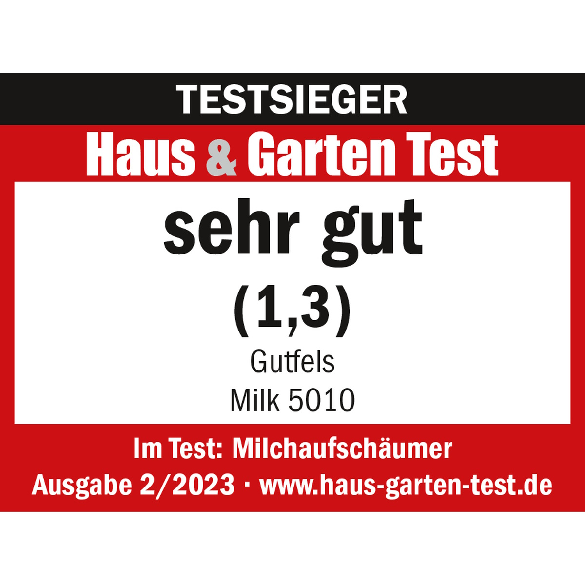 Ein rotes und weißes Etikett mit Text, das ein Produkt bewirbt. Es sagt 'sehr gut'.
