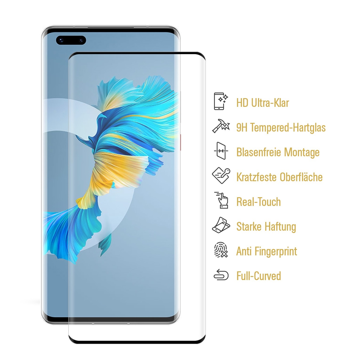 Ein Smartphone mit Displayschutzfolie und einer Box mit aufgelisteten Funktionen.