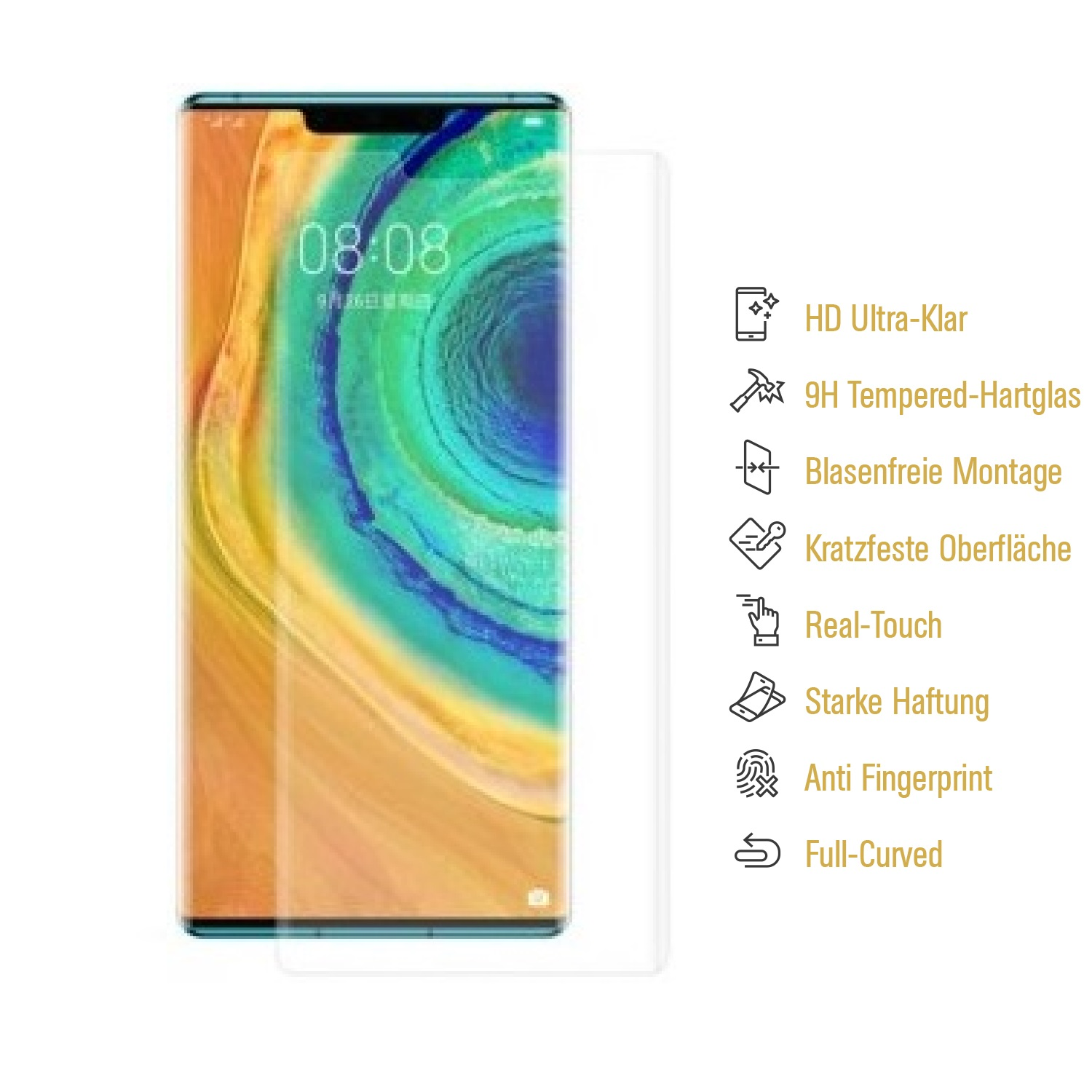Ein Smartphone mit angebrachter Displayschutzfolie und eine Liste der Funktionen in Textform.