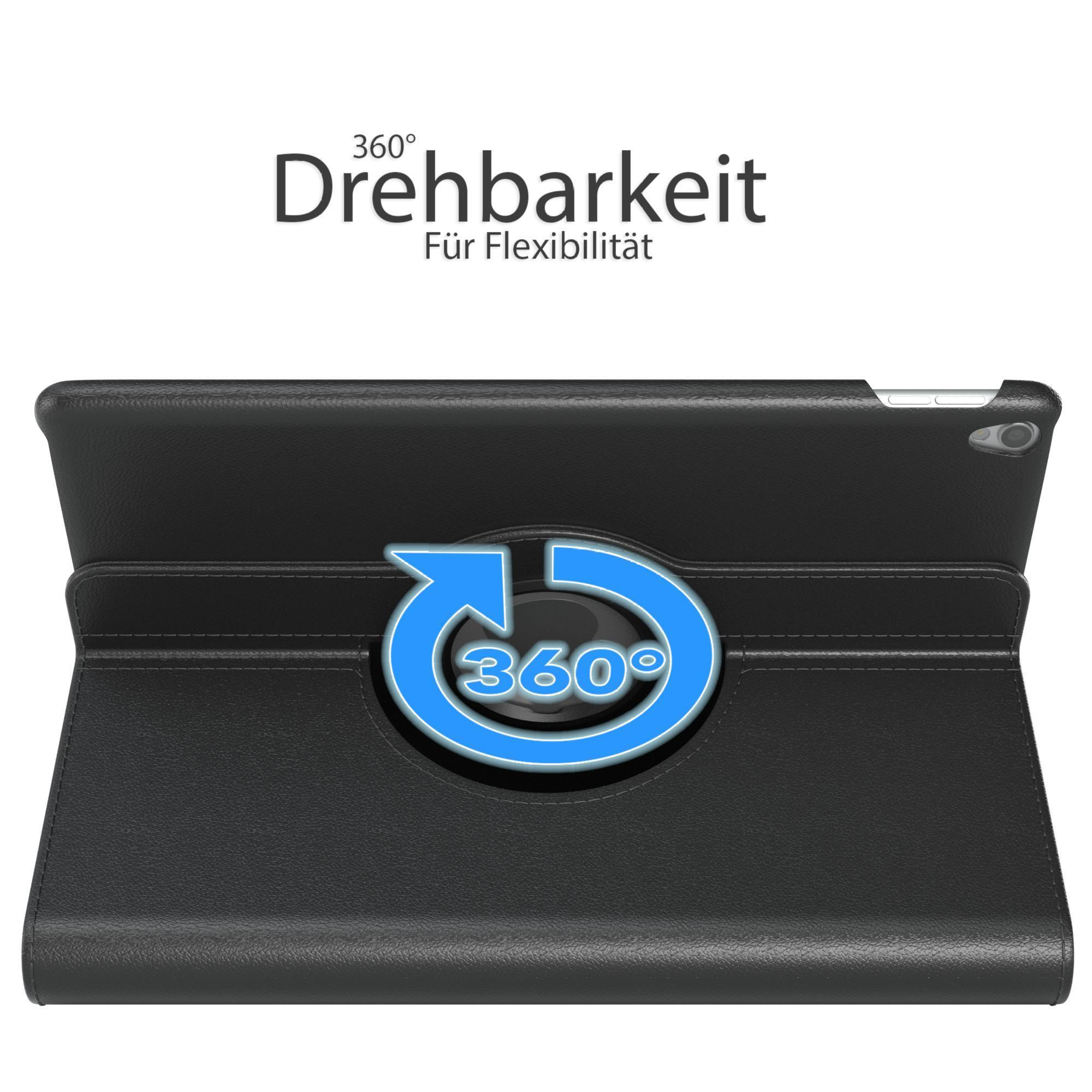 Schwarzes Tablet in einer schwarzen Hülle mit einem 360-Grad-Rotationssymbol. Weißer Hintergrund.