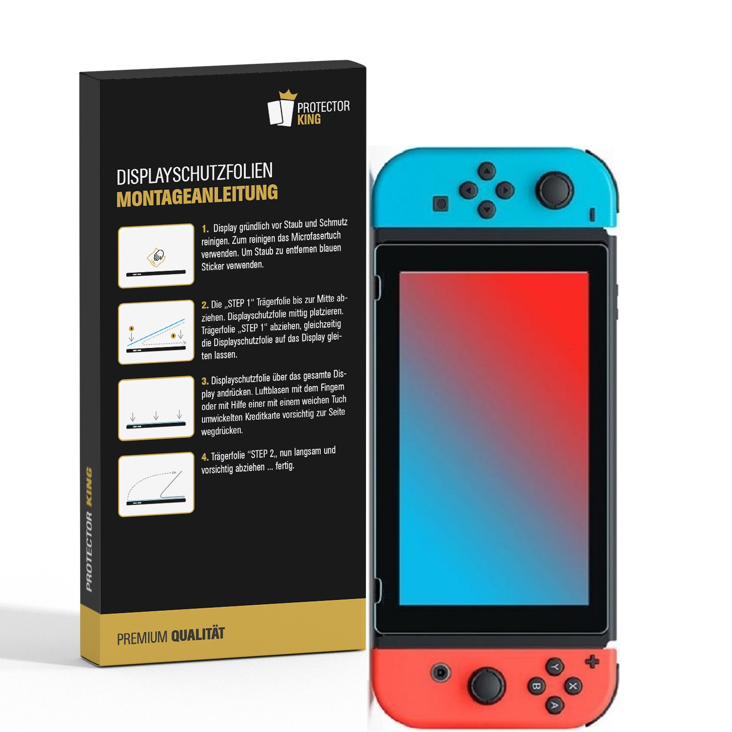 Eine Nintendo Switch-Konsole mit Displayschutzfolie und einer Box mit Anweisungen.