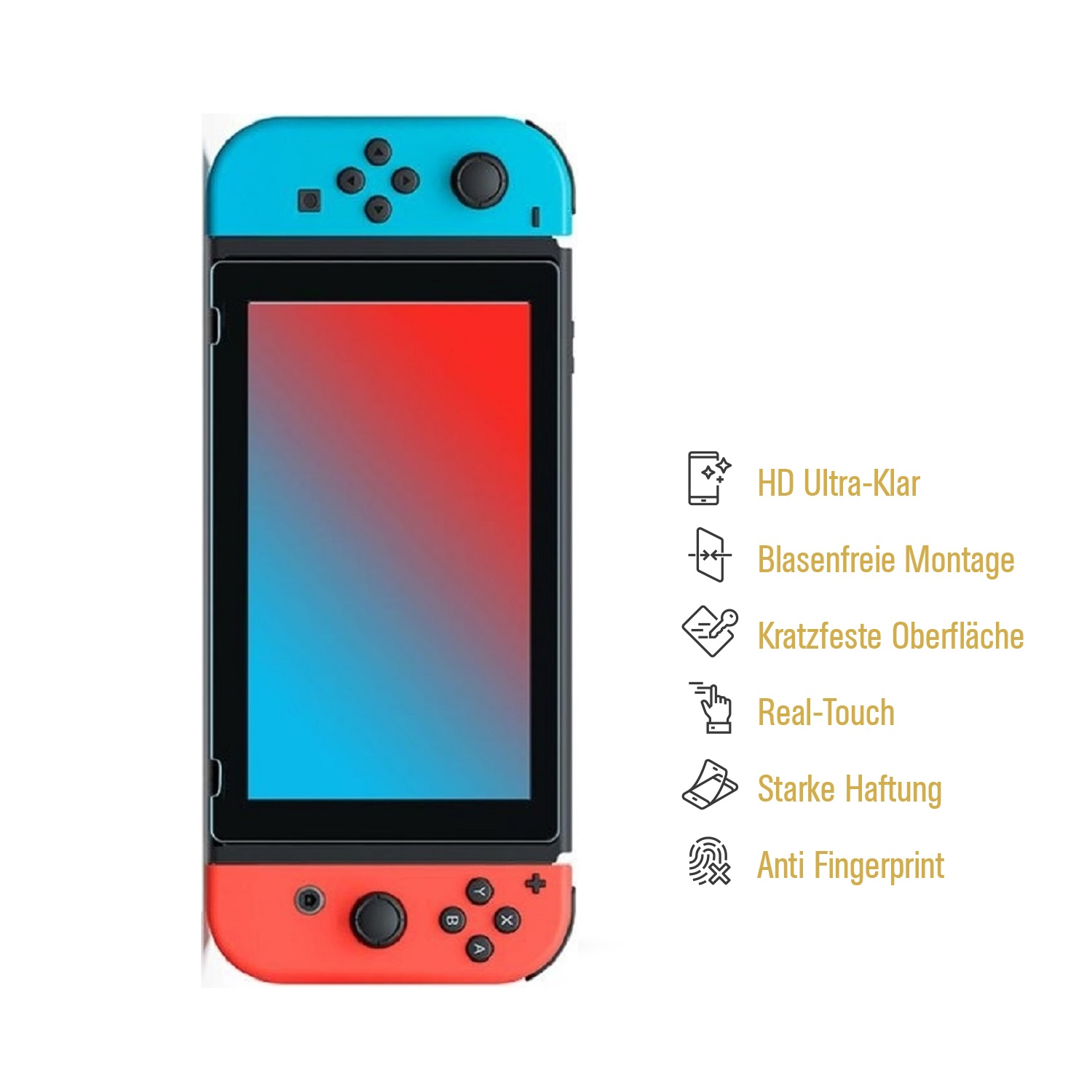 Eine blaue und rote Nintendo Switch mit Info-Grafik zum Bildschirmschutz rechts.