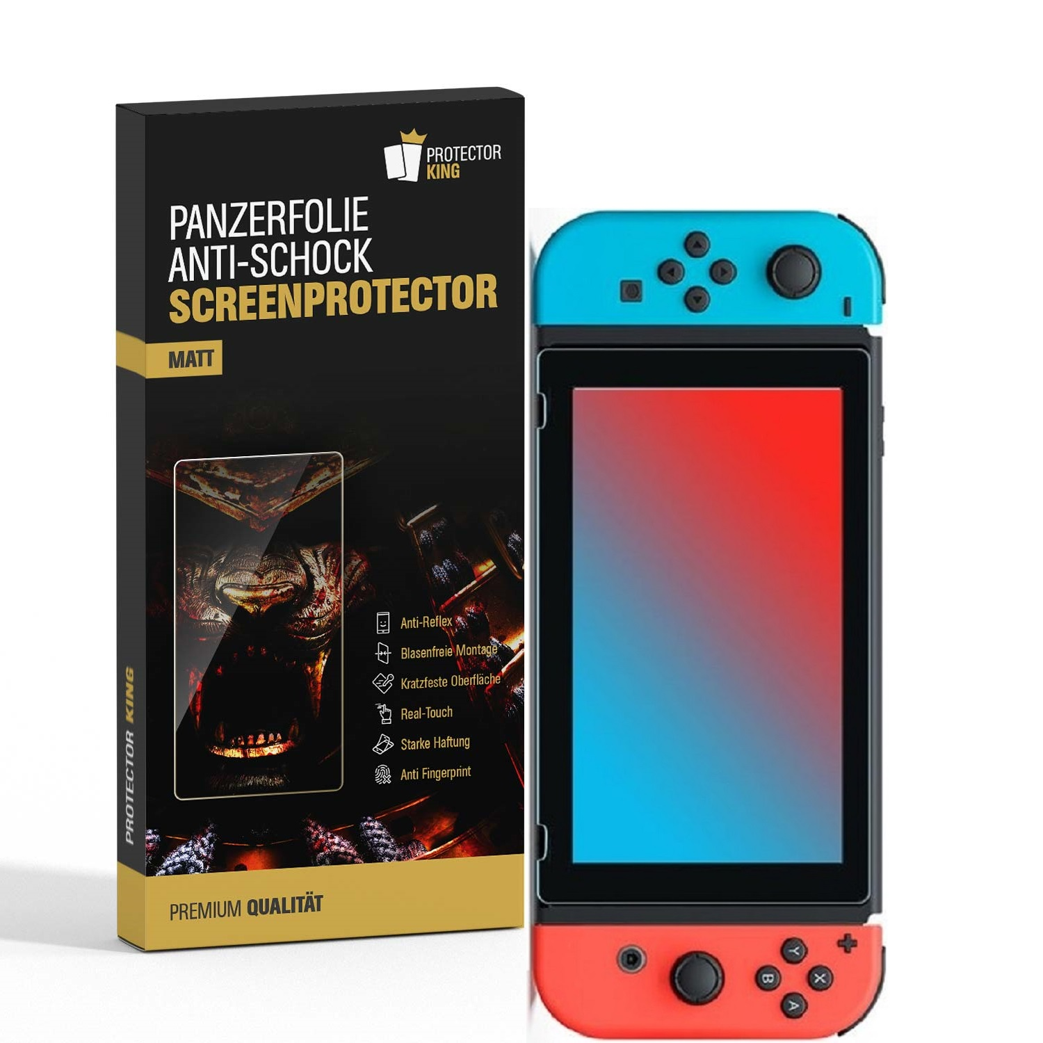 Displayschutzfolienbox mit Nintendo Switch und Displayschutzfolie. Merkmale: Anti-Reflex, blasenfrei, kratzfest und Real-Touch.