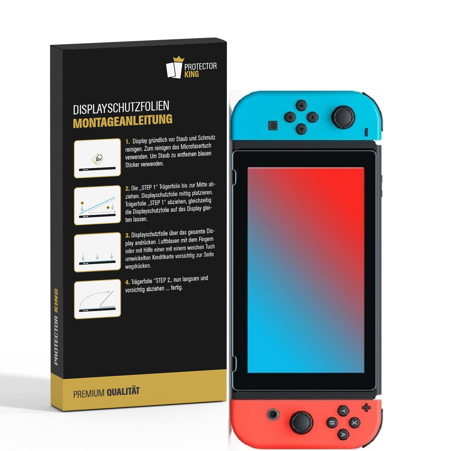 Box und Konsole der Nintendo Switch. Anweisungen auf der Box, blau/rote Joy-Cons.