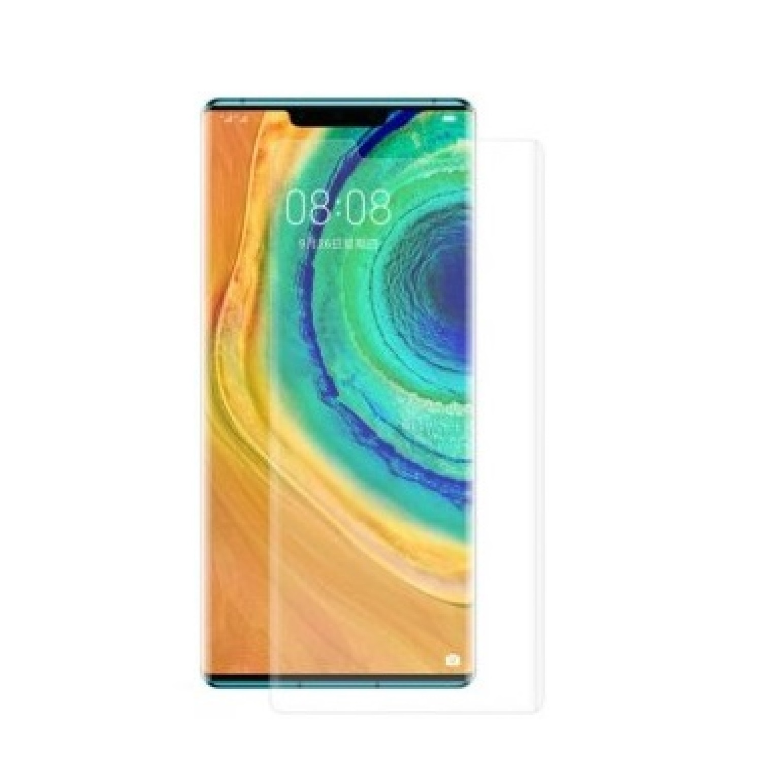 Ein Smartphone mit angebrachter Displayschutzfolie, das ein farbenfrohes Bild zeigt, mit Text und Funktionen.