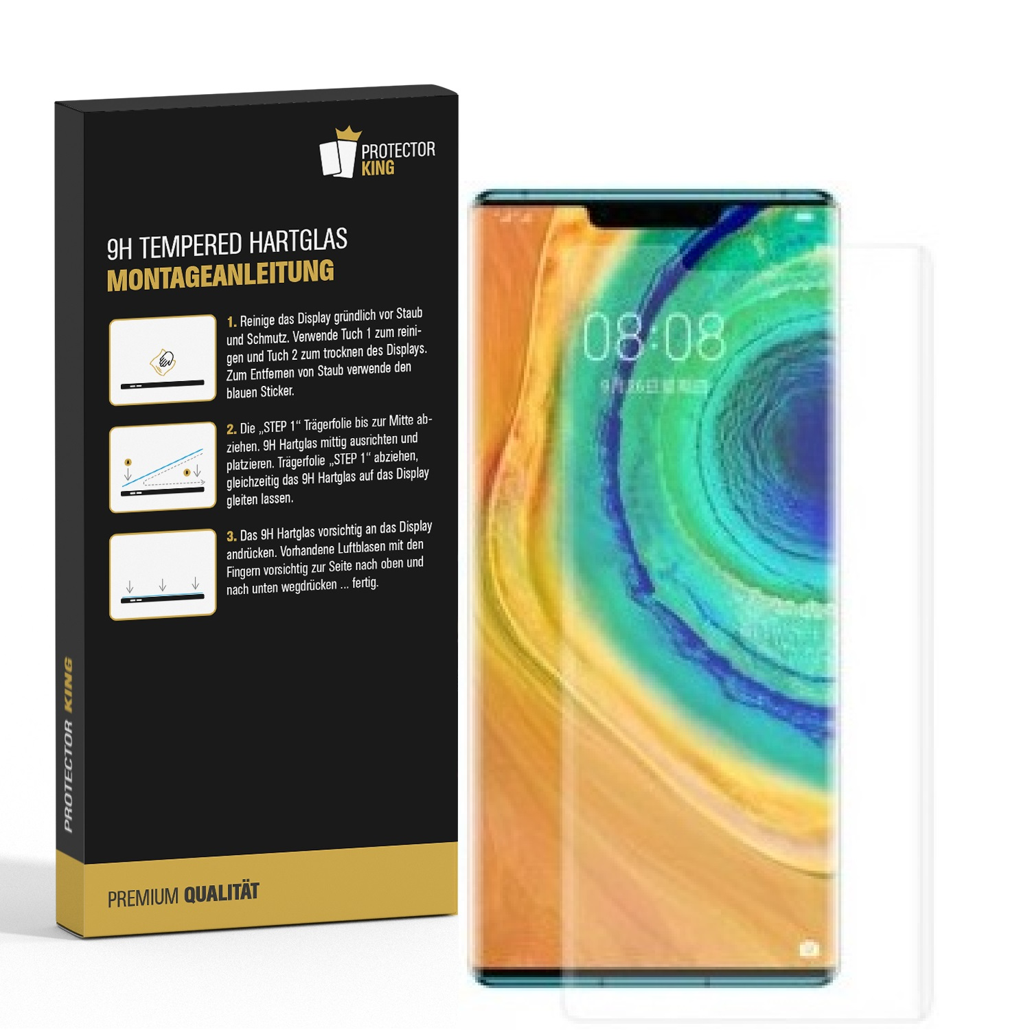 Ein Smartphone mit Displayschutzfolie. Anweisungen sind auf der Box neben dem Telefon abgebildet.