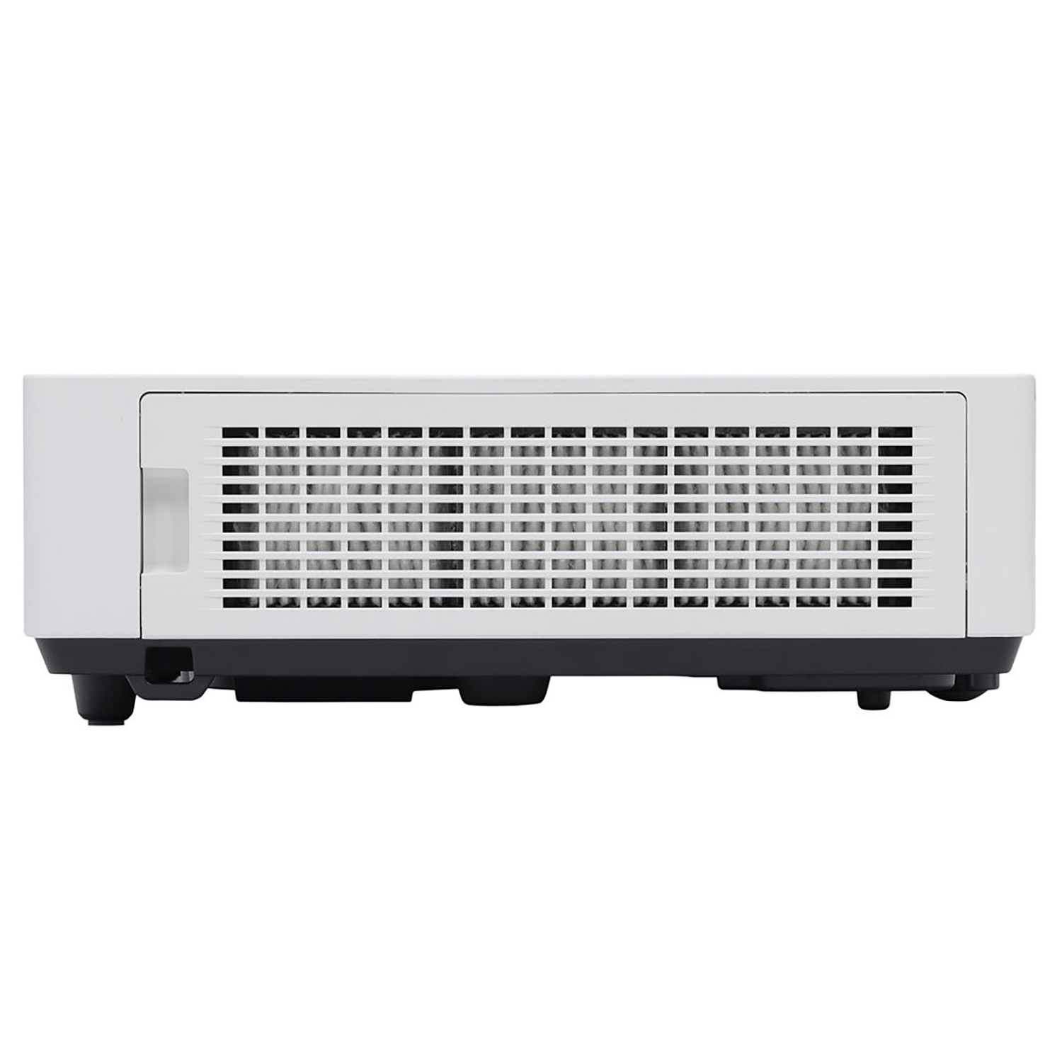 Un proiettore bianco con un design di ventilazione, visto lateralmente, che offre una visione chiara dei componenti interni.