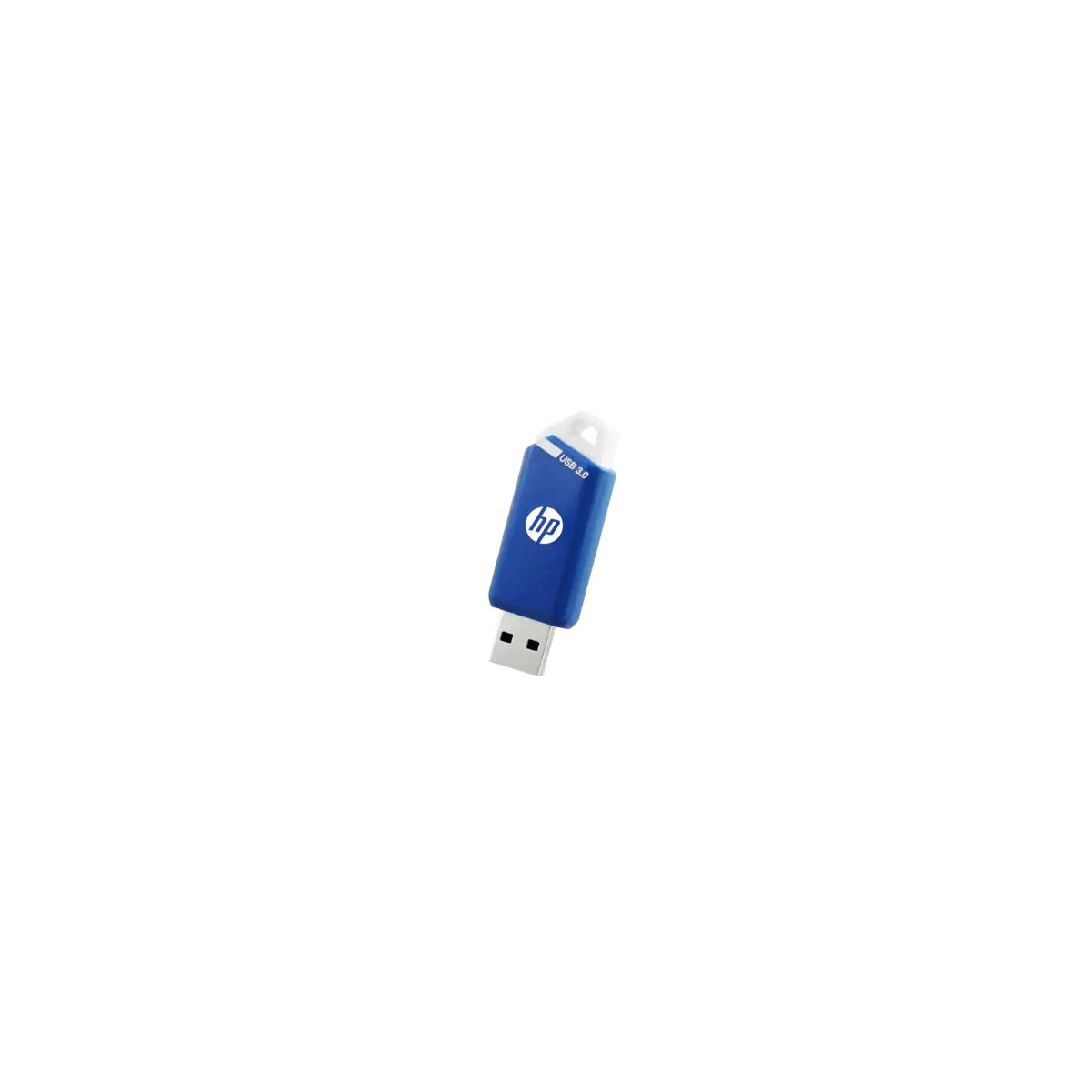 Clé USB HP bleue et blanche sur fond blanc. Le logo HP est visible.