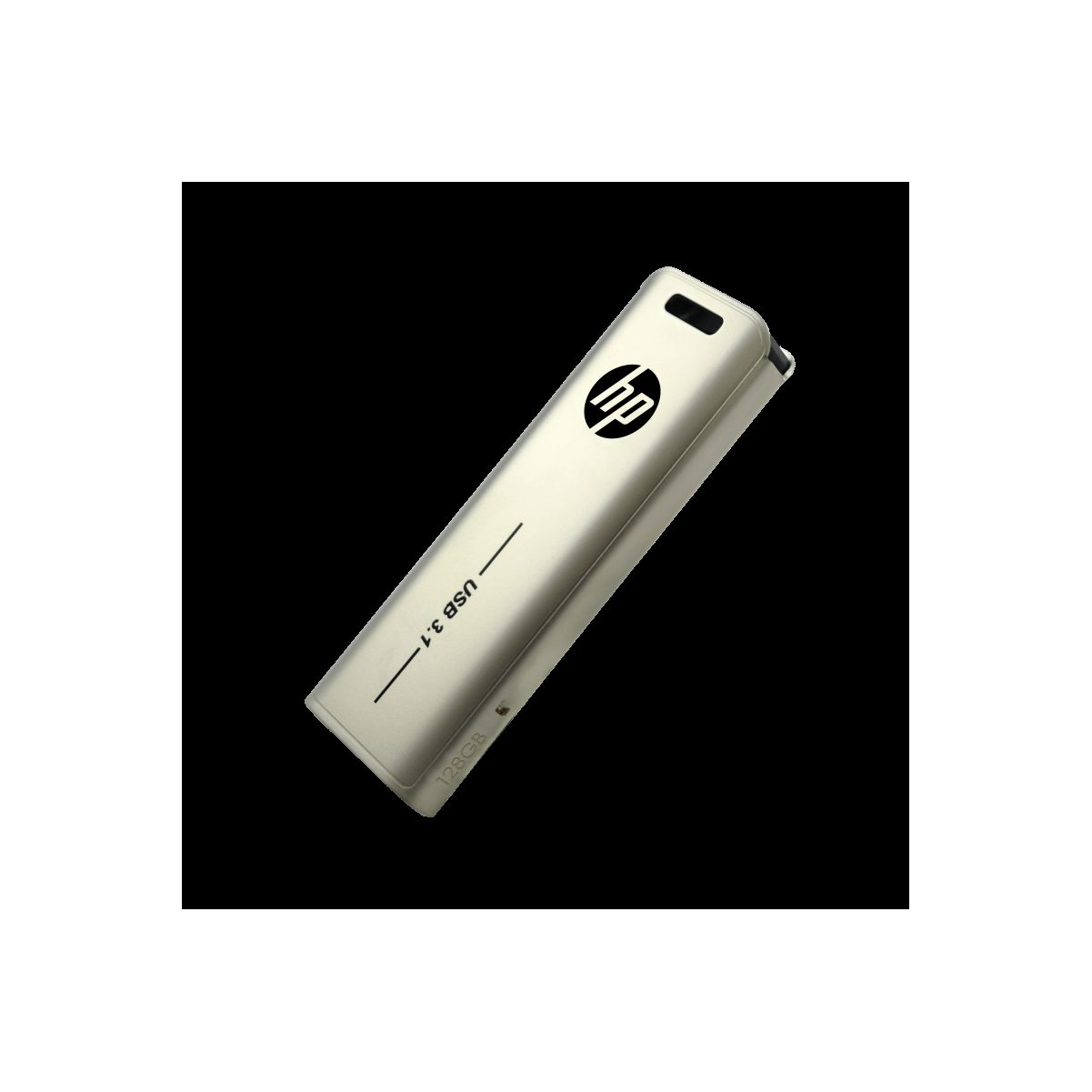 Silberner HP USB-Stick mit HP-Logo, vor schwarzem Hintergrund.