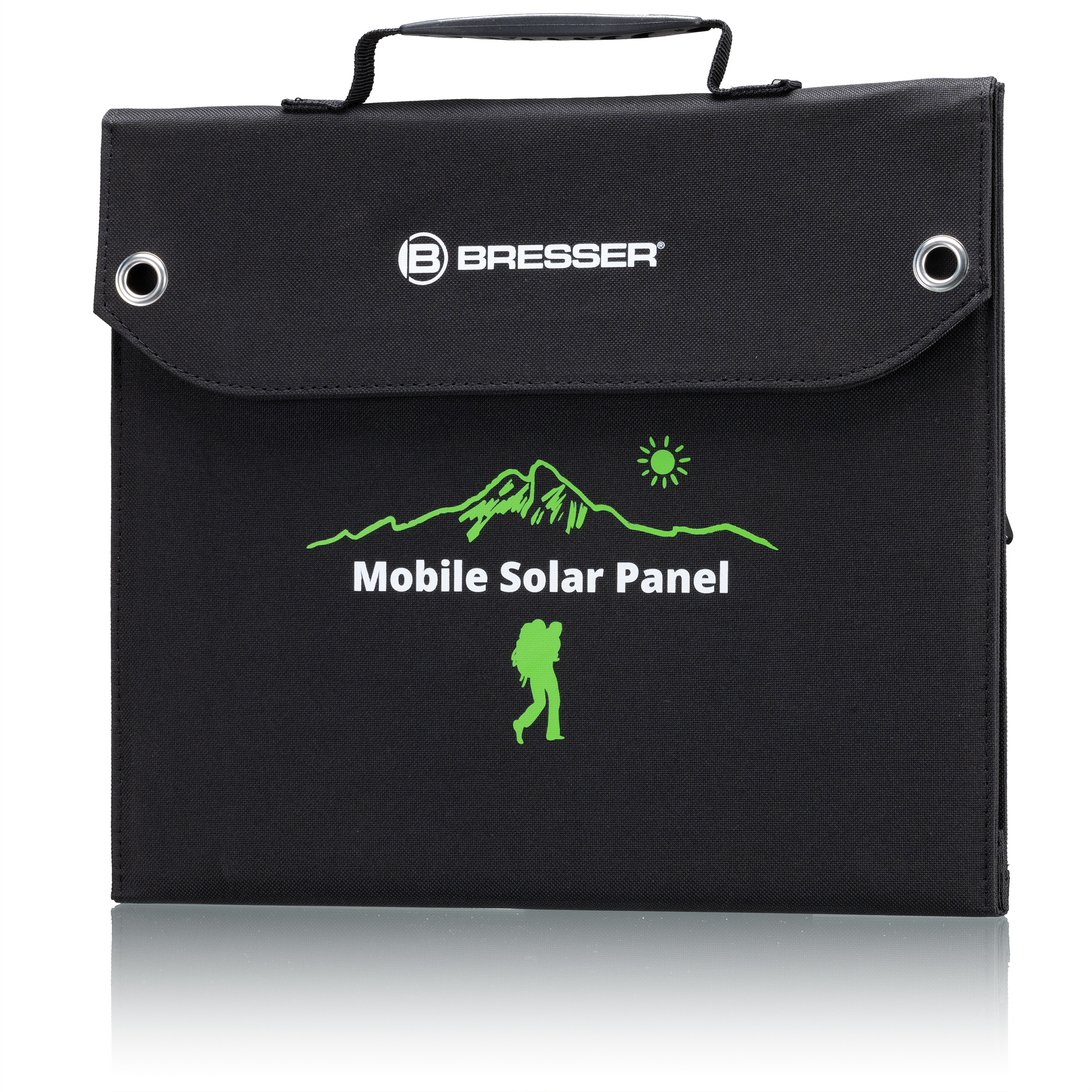 Schwarzes, gefaltetes Solarpanel. Grüne Grafiken auf der Vorderseite. Schwarzer Griff oben. Weißer Hintergrund.