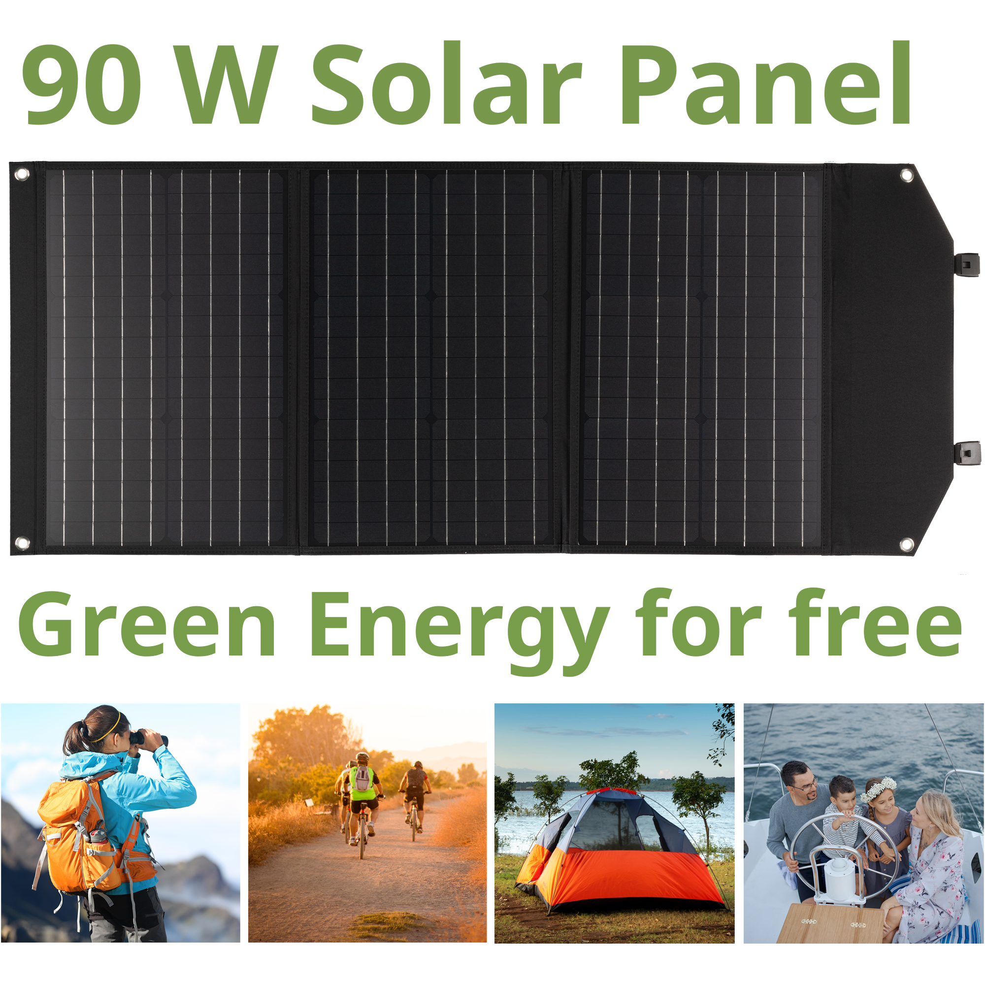 Ein 90W-Solarpanel mit gefaltetem Design, Text: Kostenlose grüne Energie. Bilder von Outdoor-Aktivitäten.