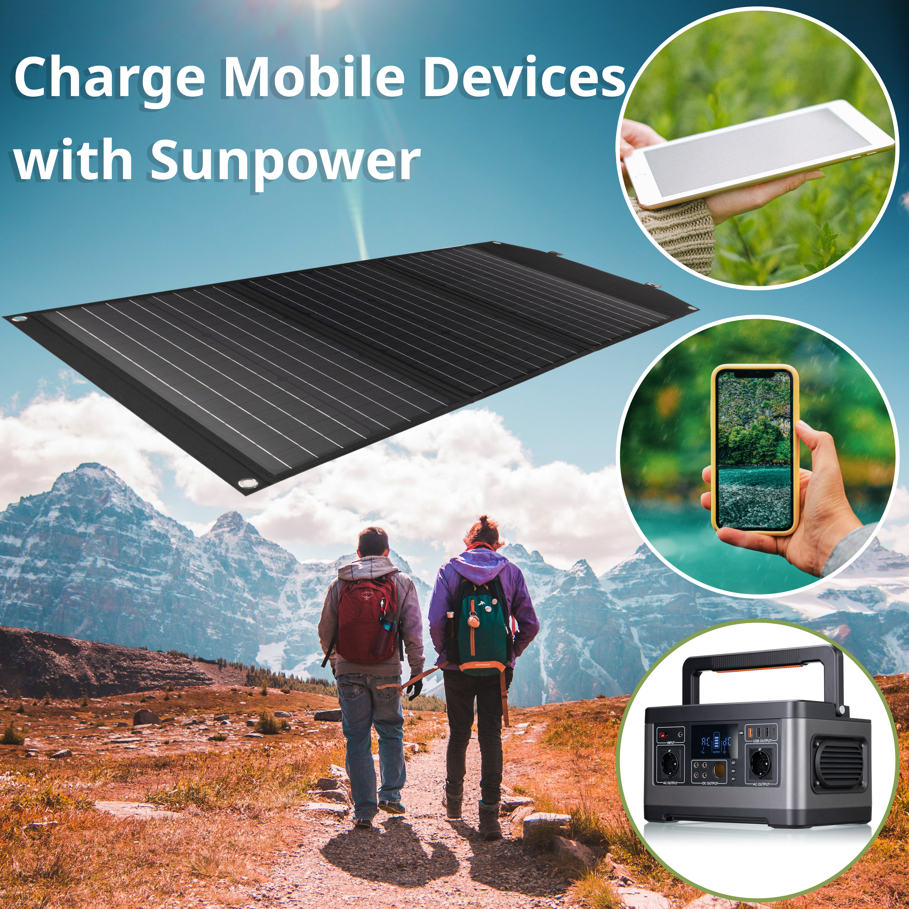 Zwei Wanderer gehen, ein Solarpanel und ein tragbares Ladegerät. Bilder von Geräten, die über Solar geladen werden.
