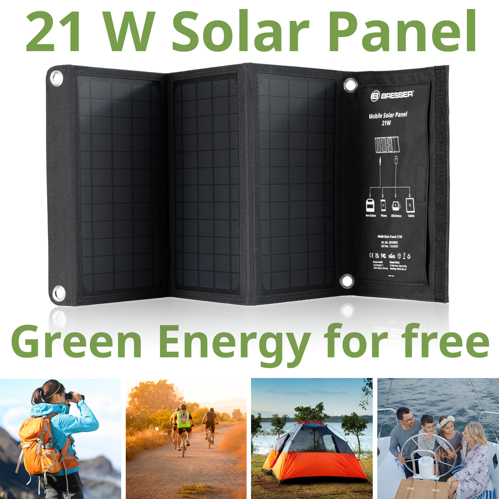 Faltbares 21-W-Solarpanel mit Bildern von Menschen, die es im Freien benutzen. Text: Kostenlose grüne Energie.