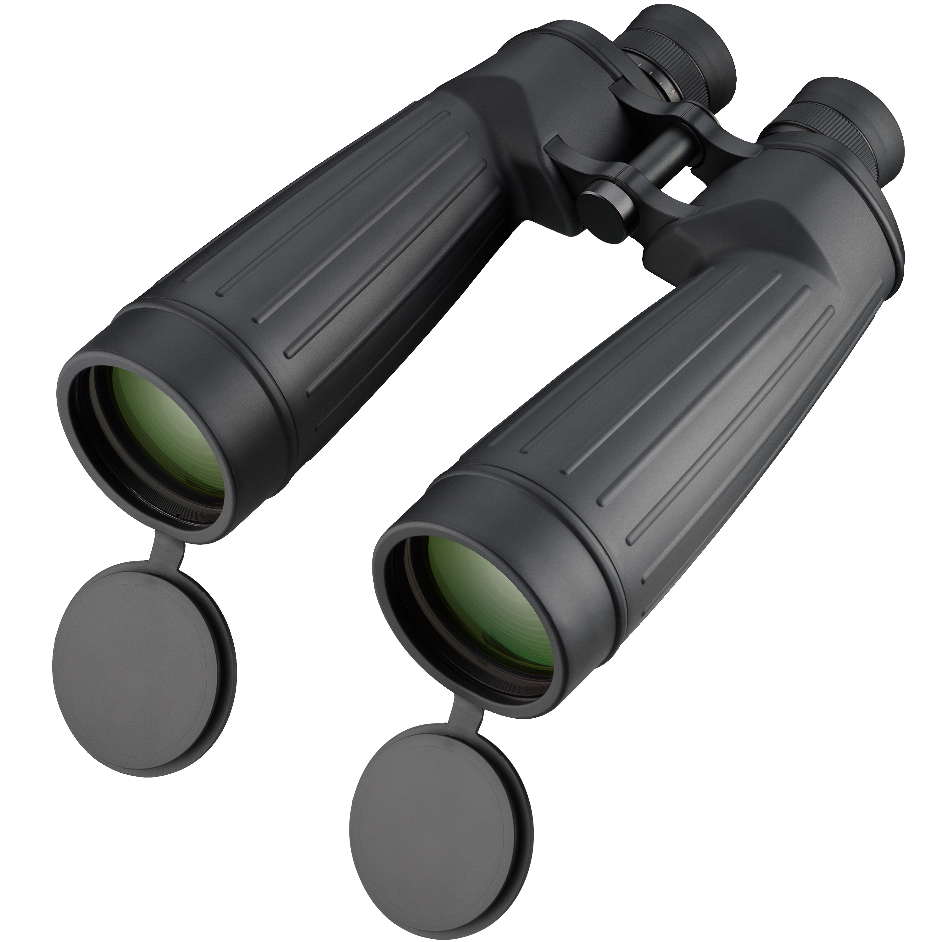 Schwarzes Fernglas mit Objektivabdeckungen, schräge Ansicht, vor weißem Hintergrund.