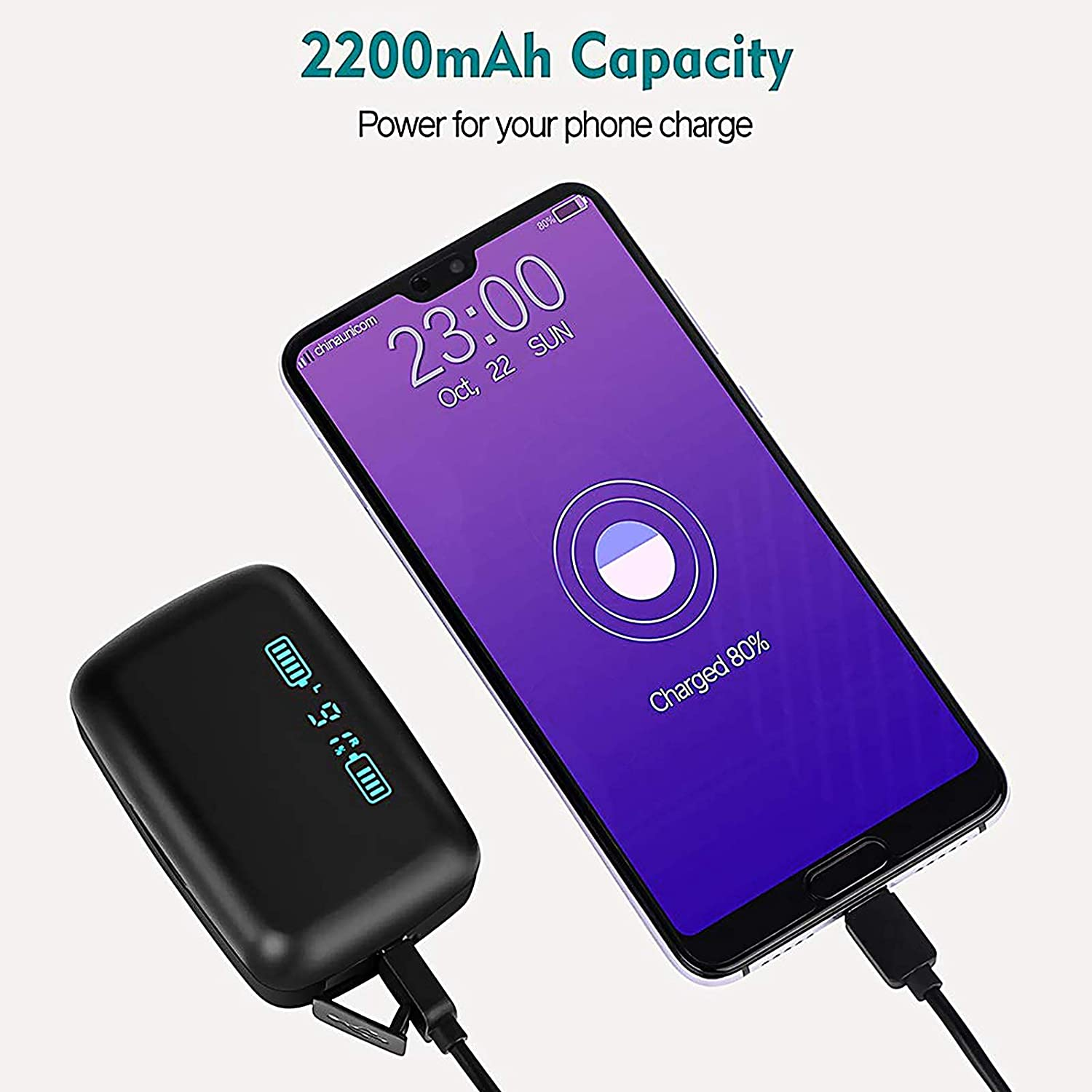 Telefon wird aufgeladen. Das Telefon wird von einer Powerbank aufgeladen und zeigt 80 % Ladung an.