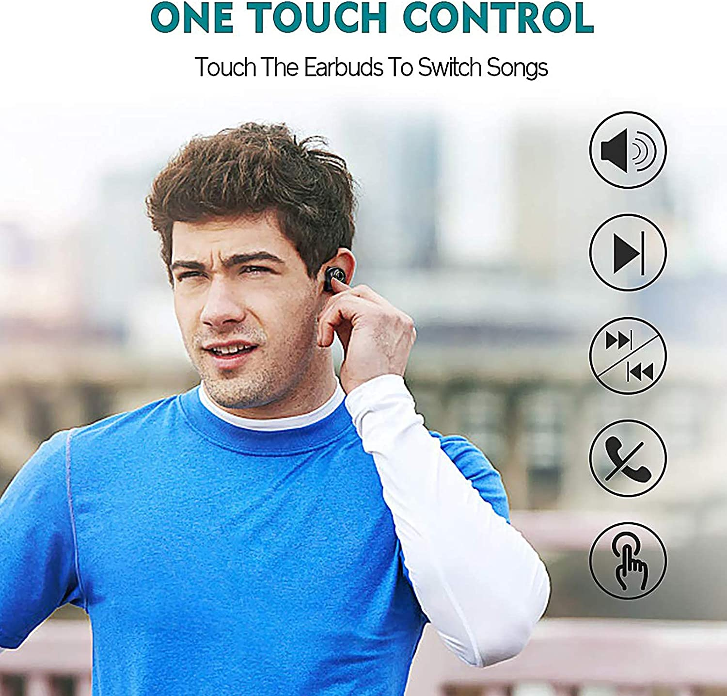 Mann mit Ohrhörern, berührt einen. Text „One Touch Control“. Symbole rechts zeigen Funktionen.