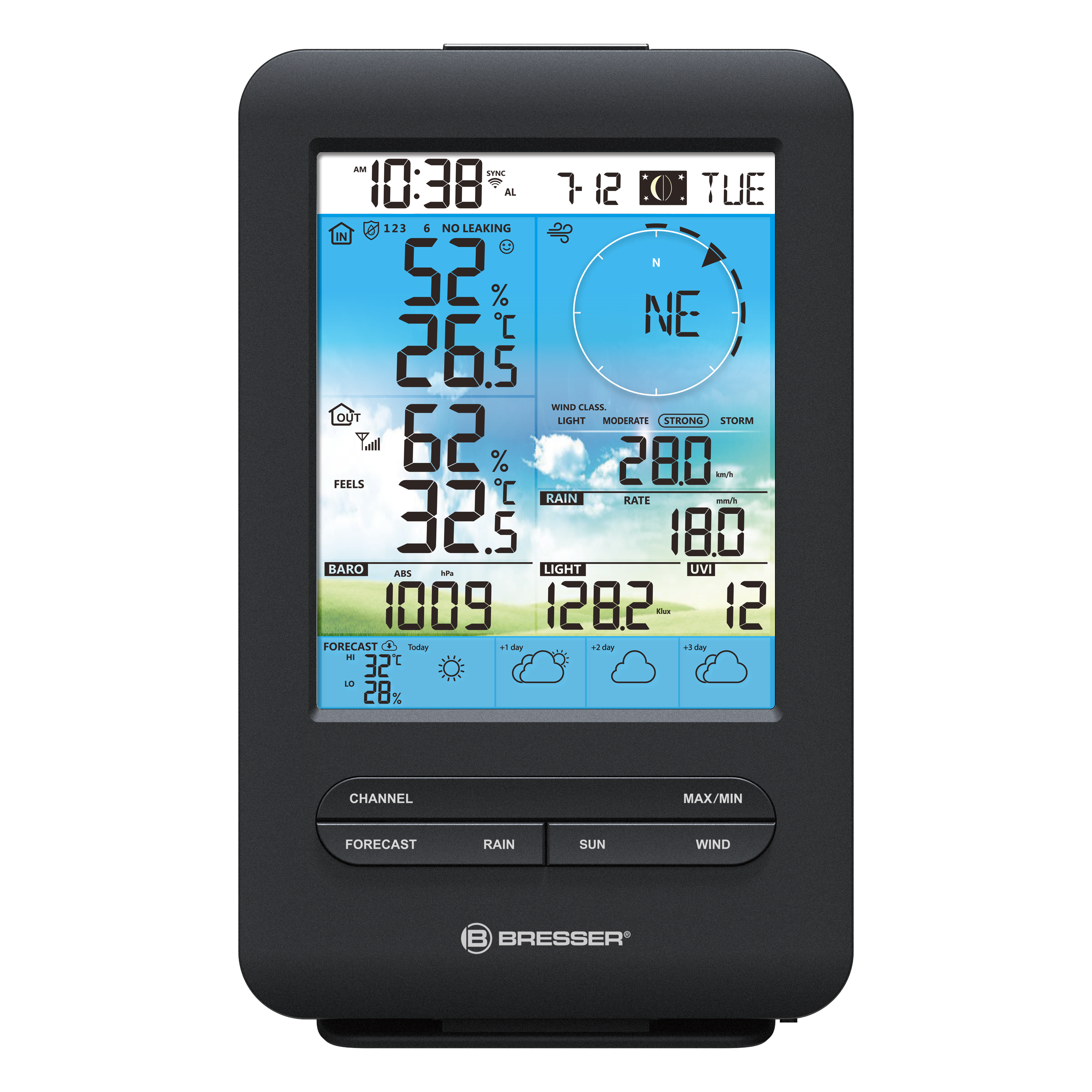 Eine schwarze digitale Wetterstation mit Uhrzeit, Wetterdaten und Wettersymbolen.